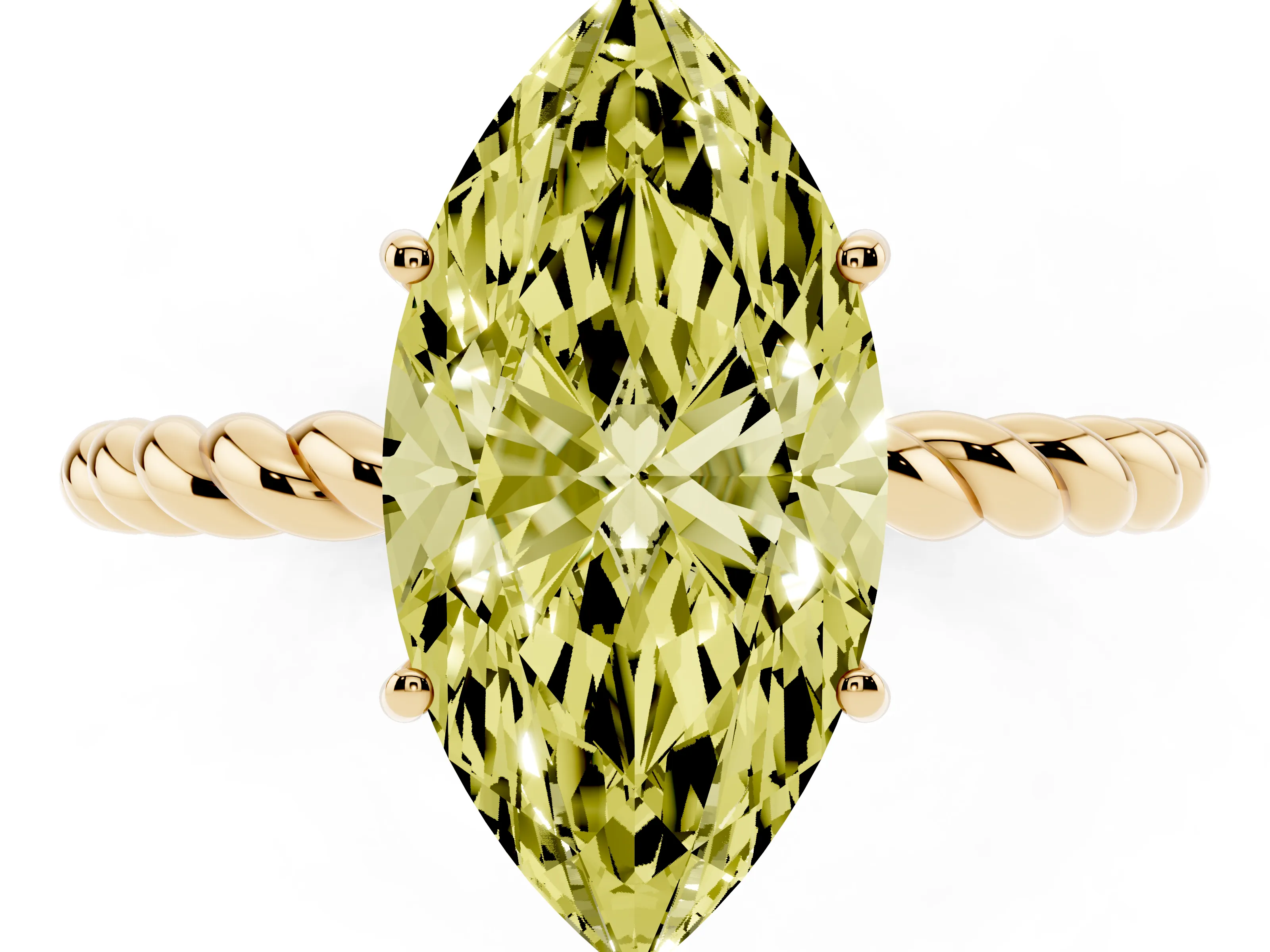 Fancy Yellow Marquise Cut Diamond Solitaire Ring Set in Yellow gold with Twist Band and Prong Setting