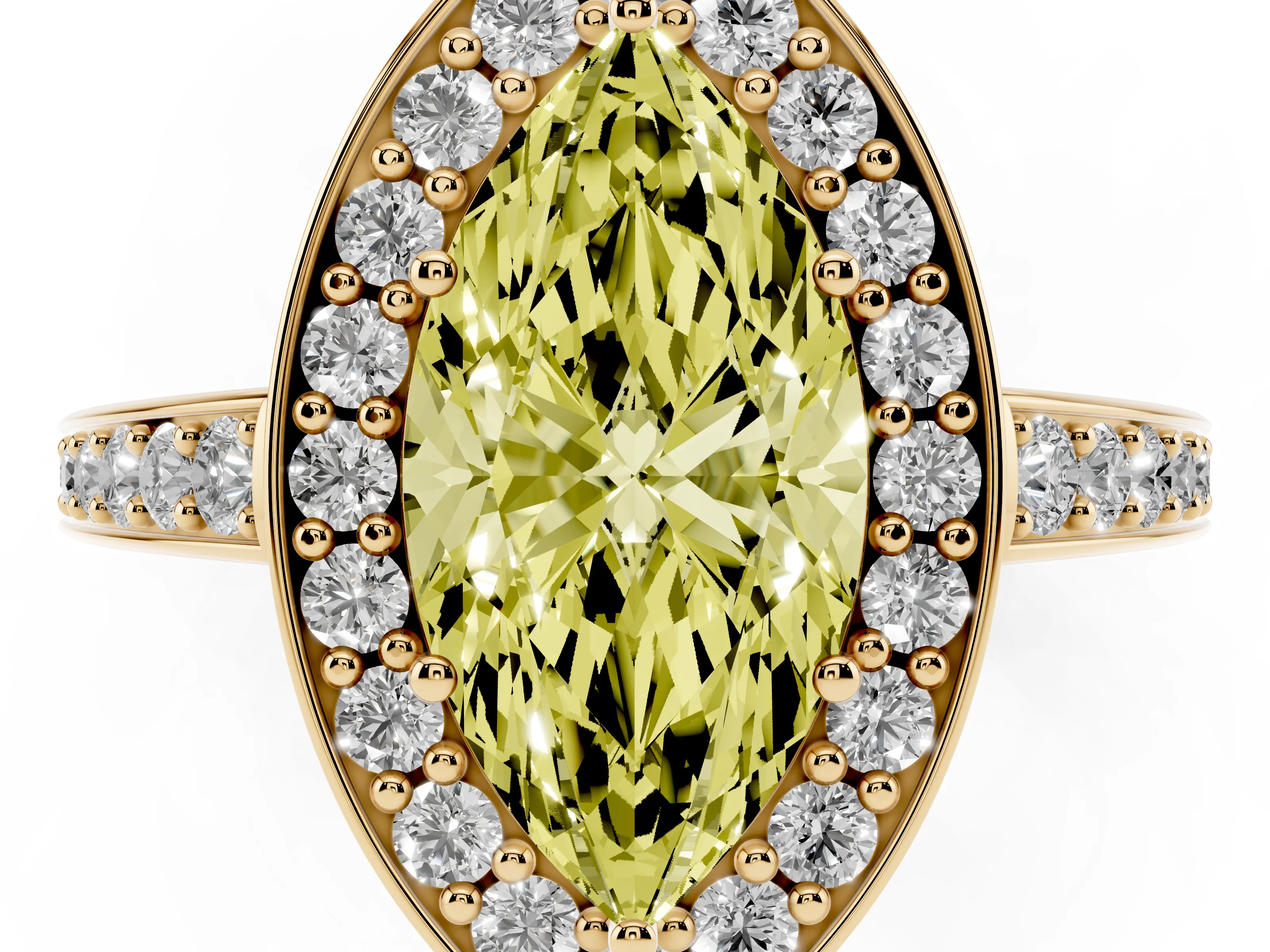 Fancy Yellow Marquise Cut Diamond Halo Pavé Engagement Ring Set in Yellow gold with Bezel Setting