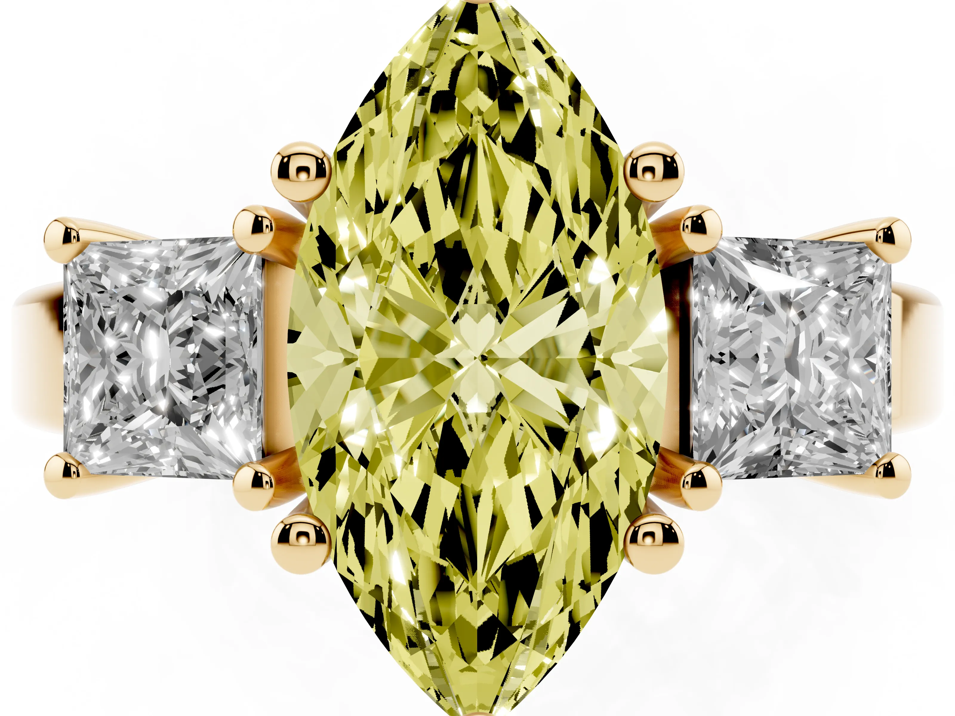 Fancy Yellow Three-Stone Marquise Cut Diamond Solitaire Ring Set in Yellow gold with Prong Setting