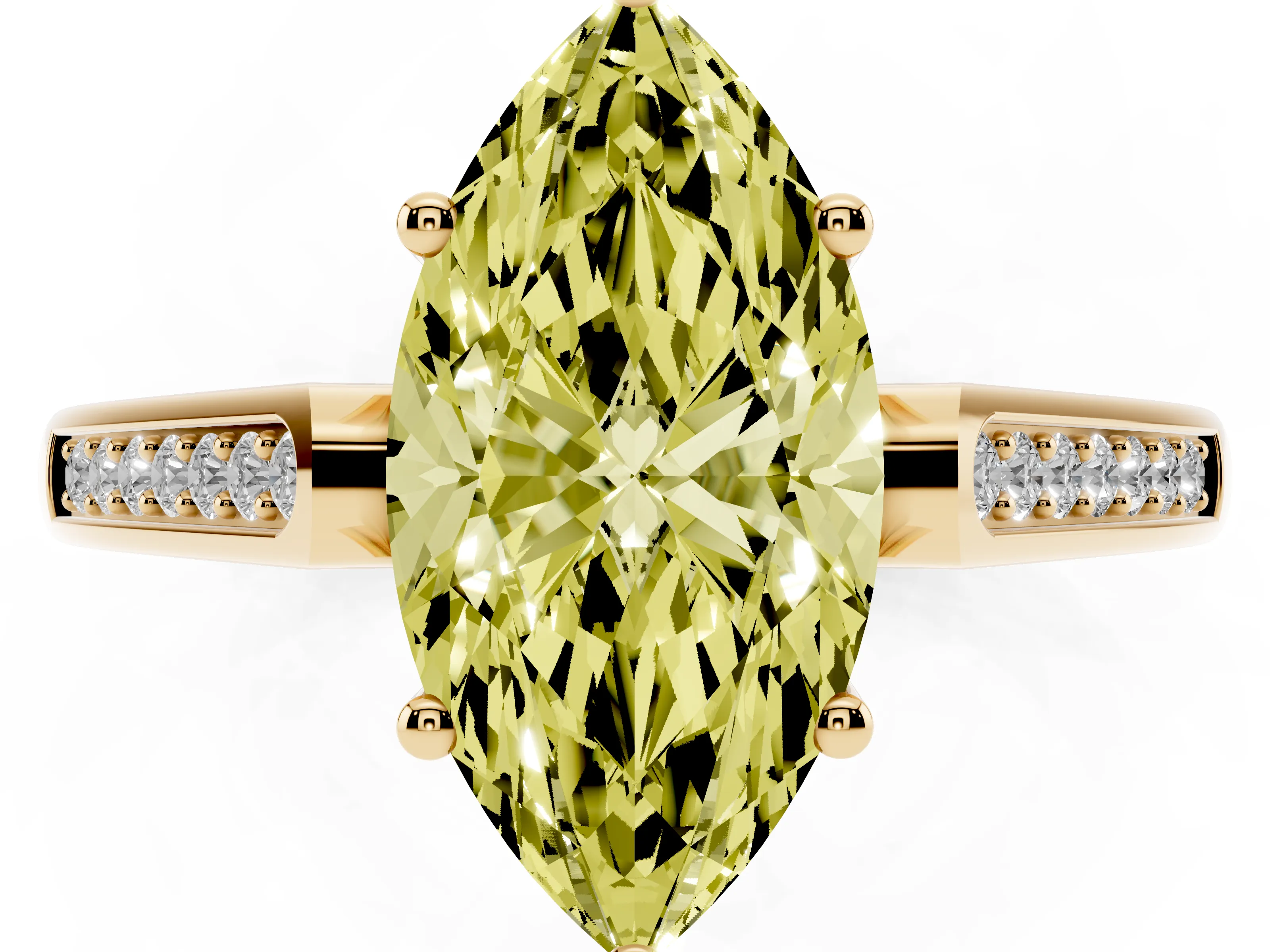 Fancy Yellow Marquise Cut Diamond Solitaire Cathedral Engagement Ring Set in Yellow gold with Channel-Set Band and Prong Setting