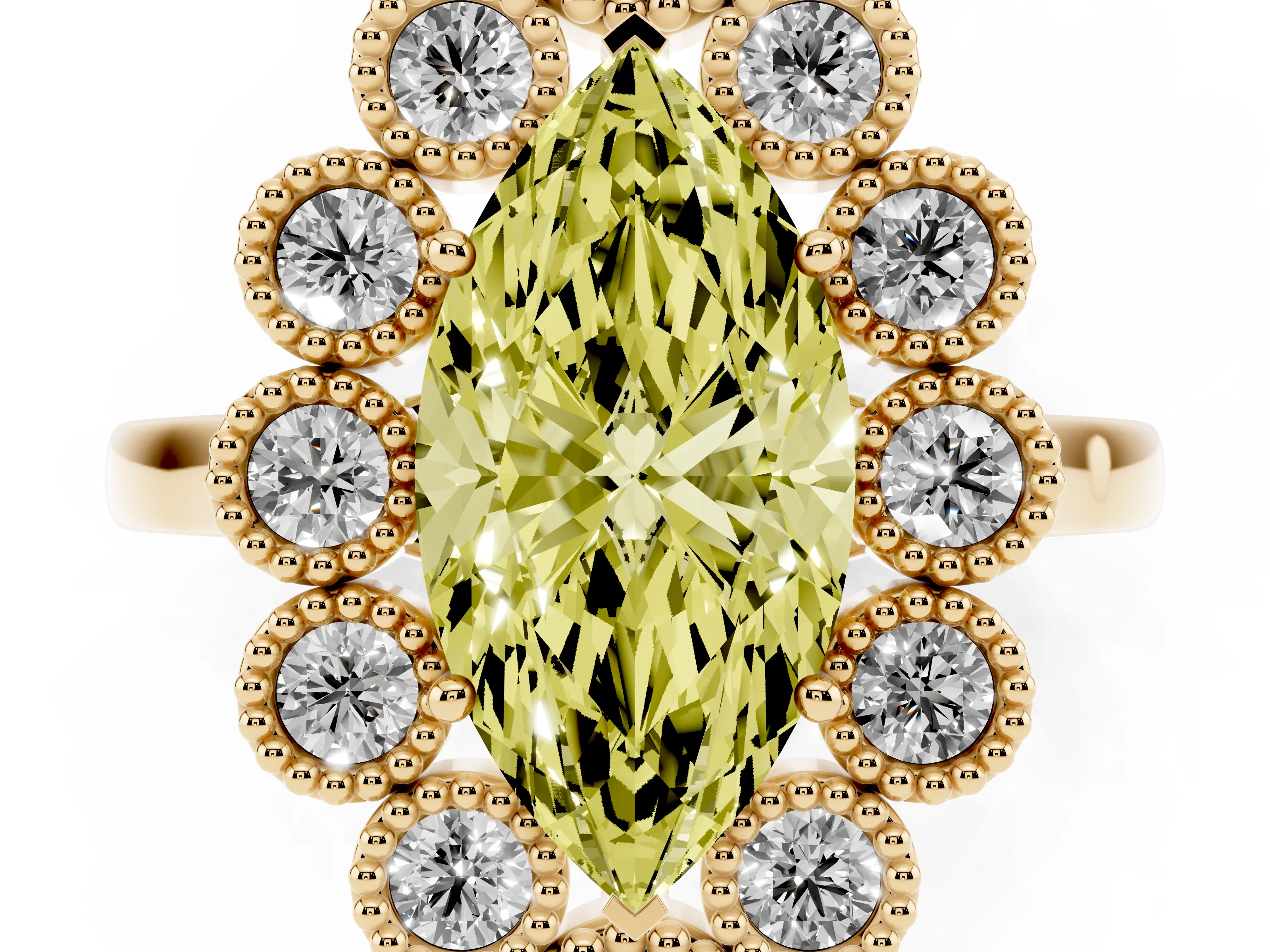 Fancy Yellow Marquise Cut Diamond Cluster Halo Ring Set in Yellow gold with Milgrain Bezel Accents and Plain Band