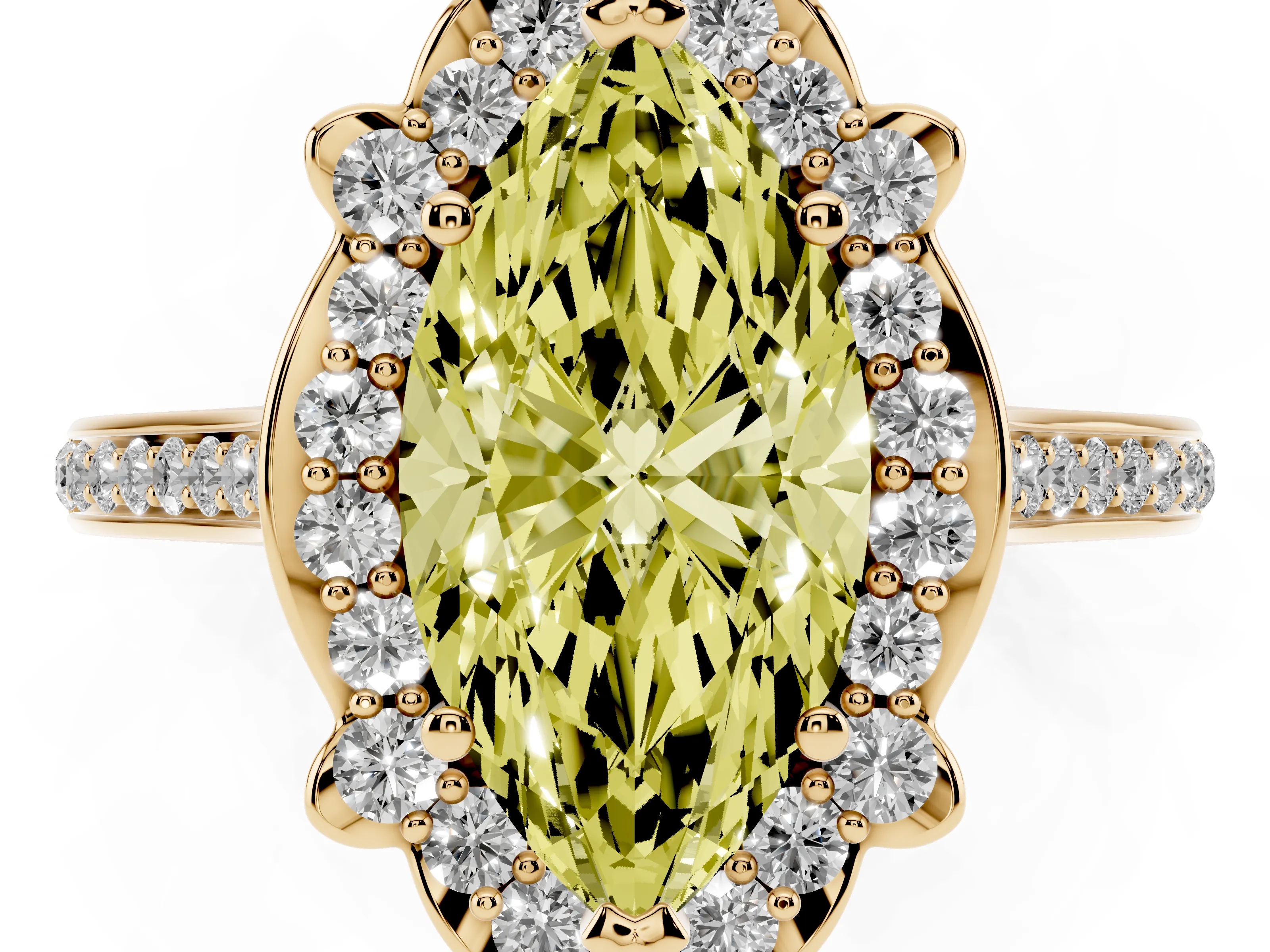 Fancy Yellow Marquise Cut Diamond Halo Ring Set in Yellow gold with Pavé-Lined Shoulders and Prong Setting