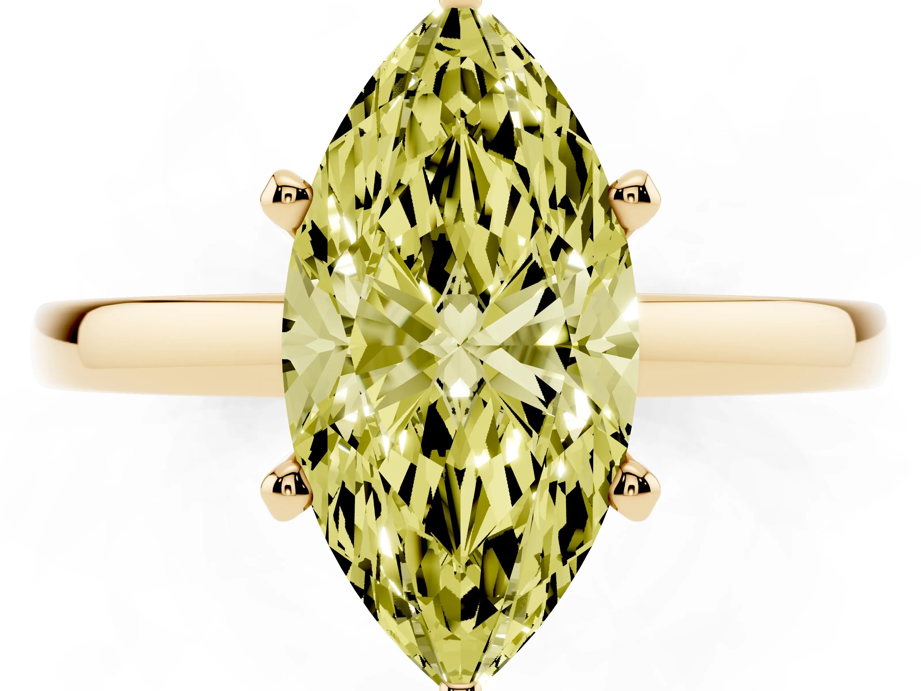 Fancy Yellow Marquise Cut Diamond Solitaire Engagement Ring Set in Yellow gold with Prong Setting on a Classic Band