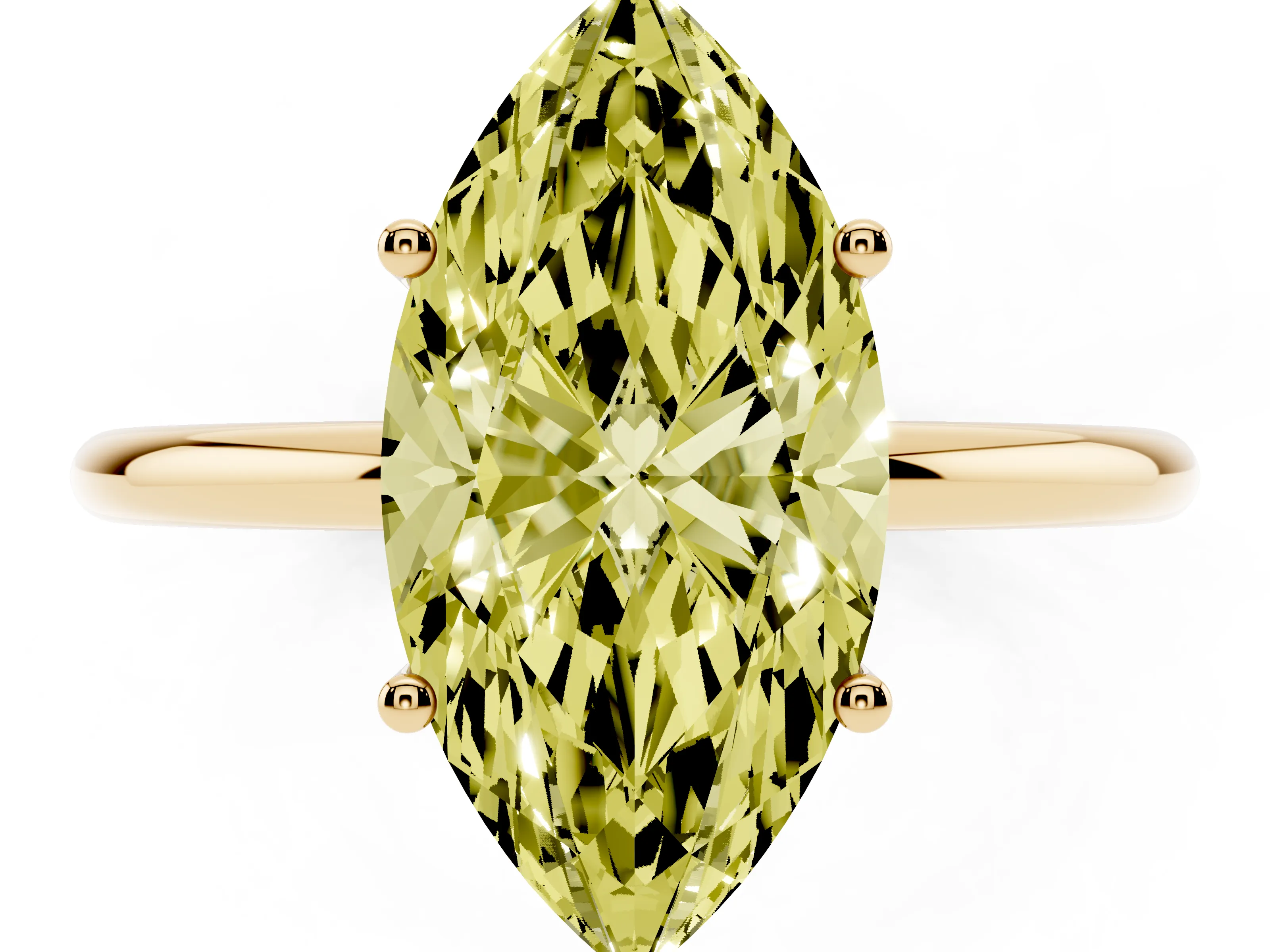 Fancy Yellow Marquise Cut Diamond Solitaire Engagement Ring Set in Yellow gold with Thin Band and Prong Setting