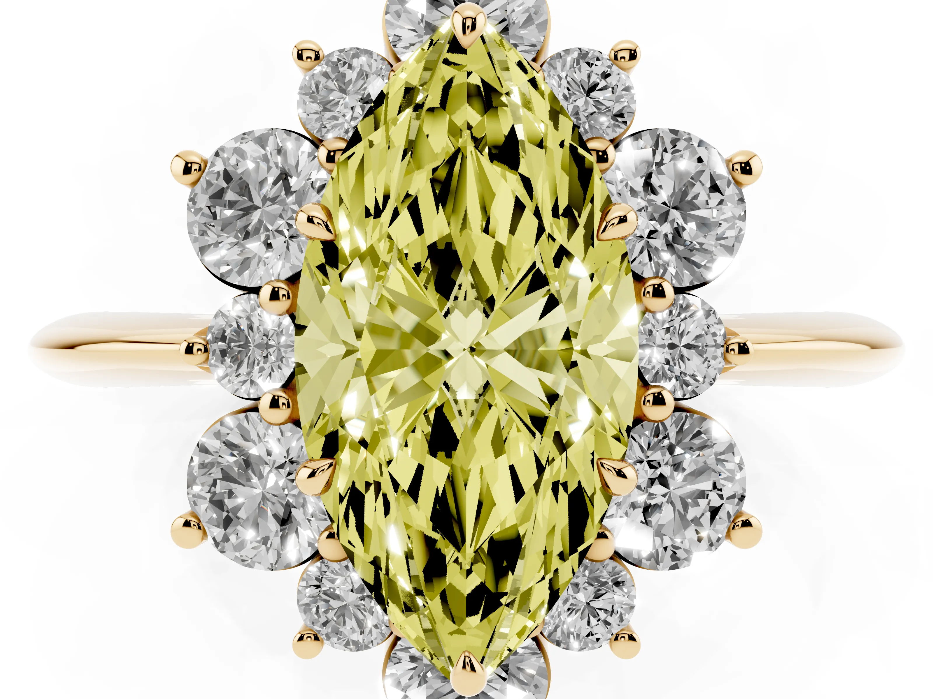 Fancy Yellow Marquise Cut Diamond Cluster Halo Ring Set in Yellow gold with Solitaire Band and Prong Setting