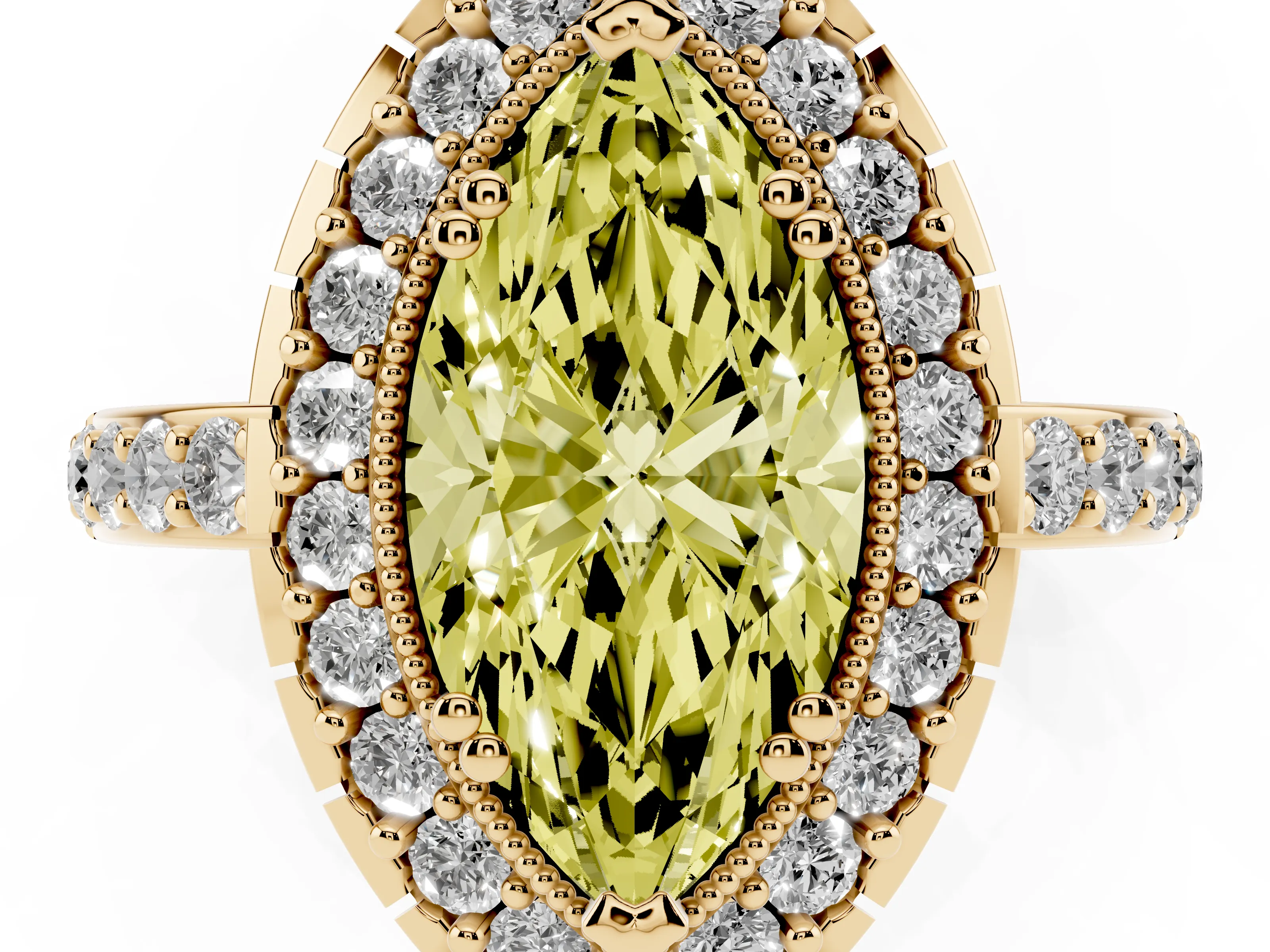 Fancy Yellow Marquise Cut Diamond Halo Ring Set in Yellow gold with Pavé Shank and Prong Setting