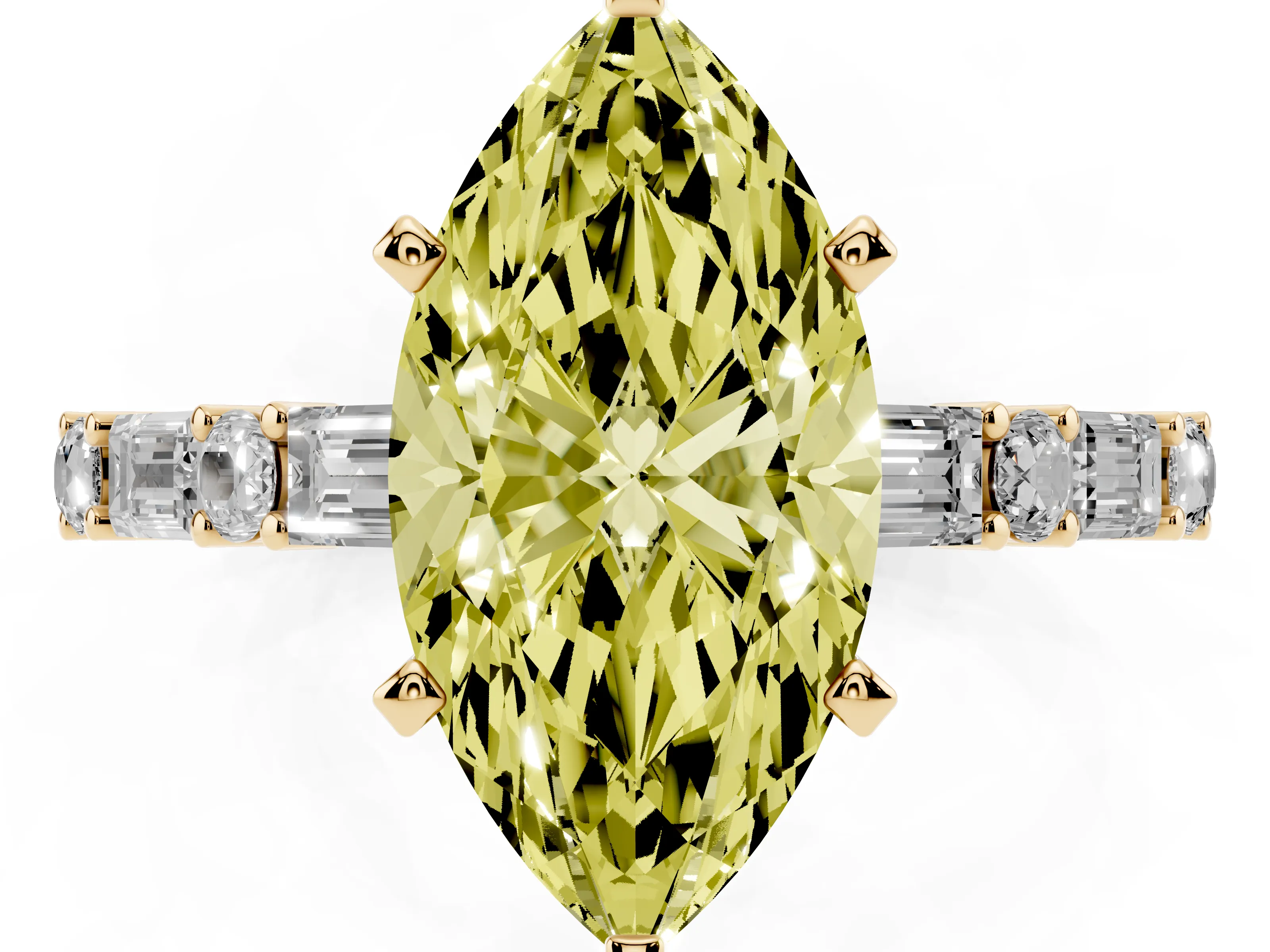 Fancy Yellow Marquise Cut Diamond Solitaire Set in Yellow gold with Side Baguettes and Channel Set Band
