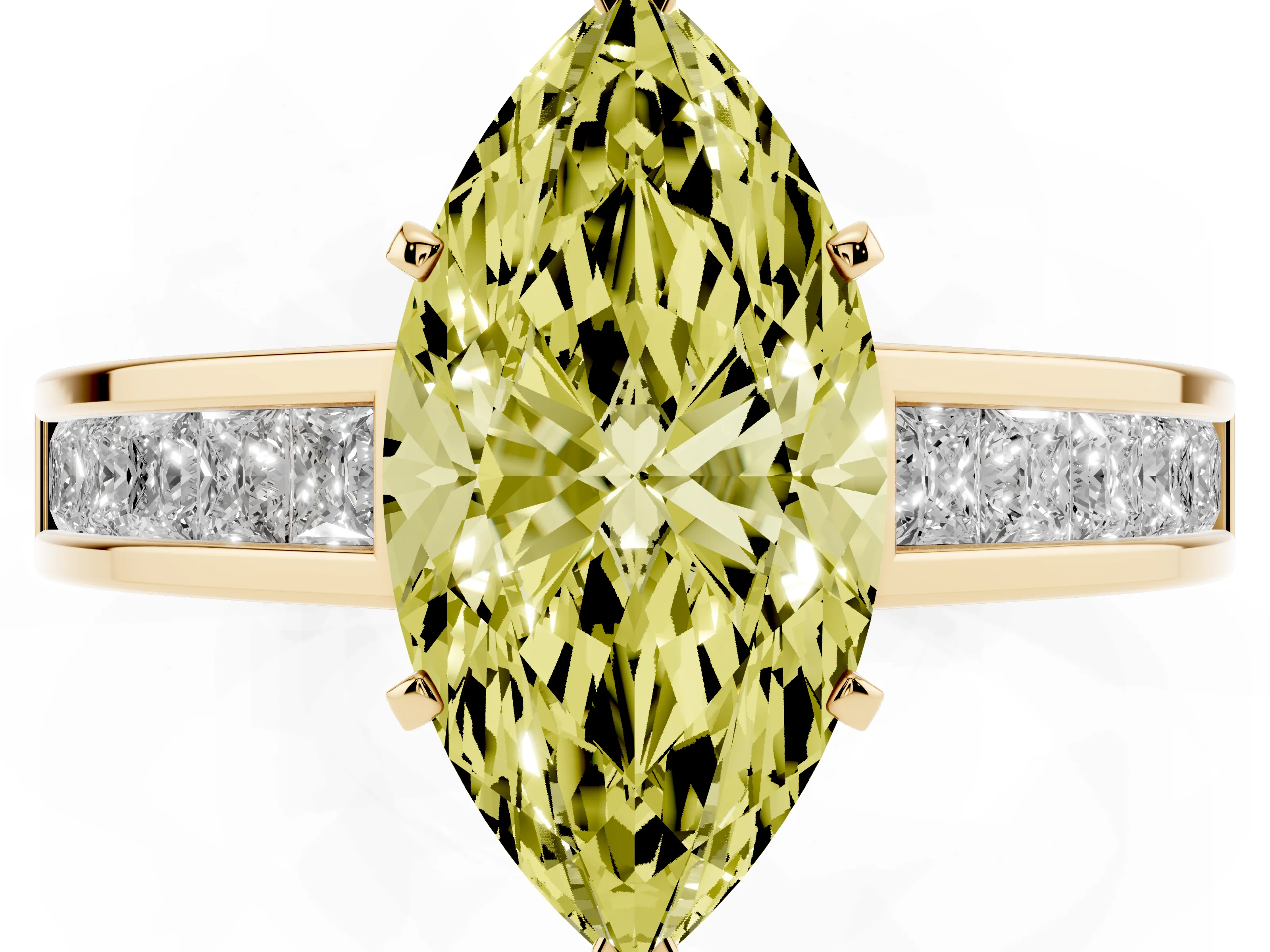 Fancy Yellow Marquise Cut Diamond Solitaire Ring Set in Yellow gold with Channel-Set Band and Prong Setting