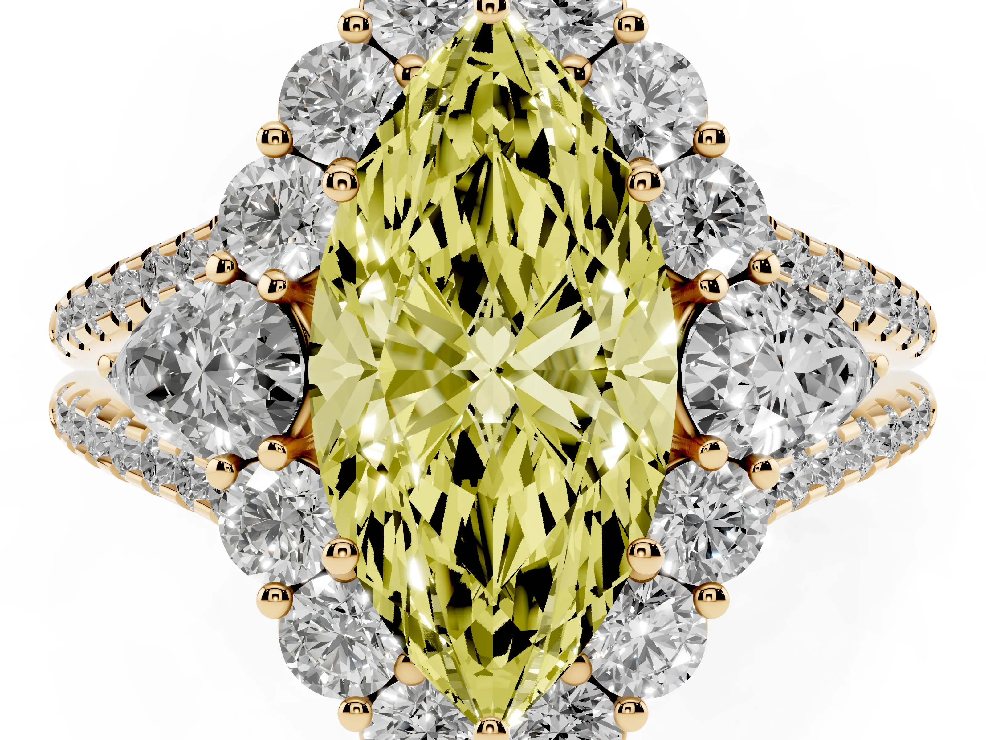 Fancy Yellow Marquise Cut Diamond Halo Split Shank Engagement Ring Set in Yellow gold with Prong-Held Center Stone
