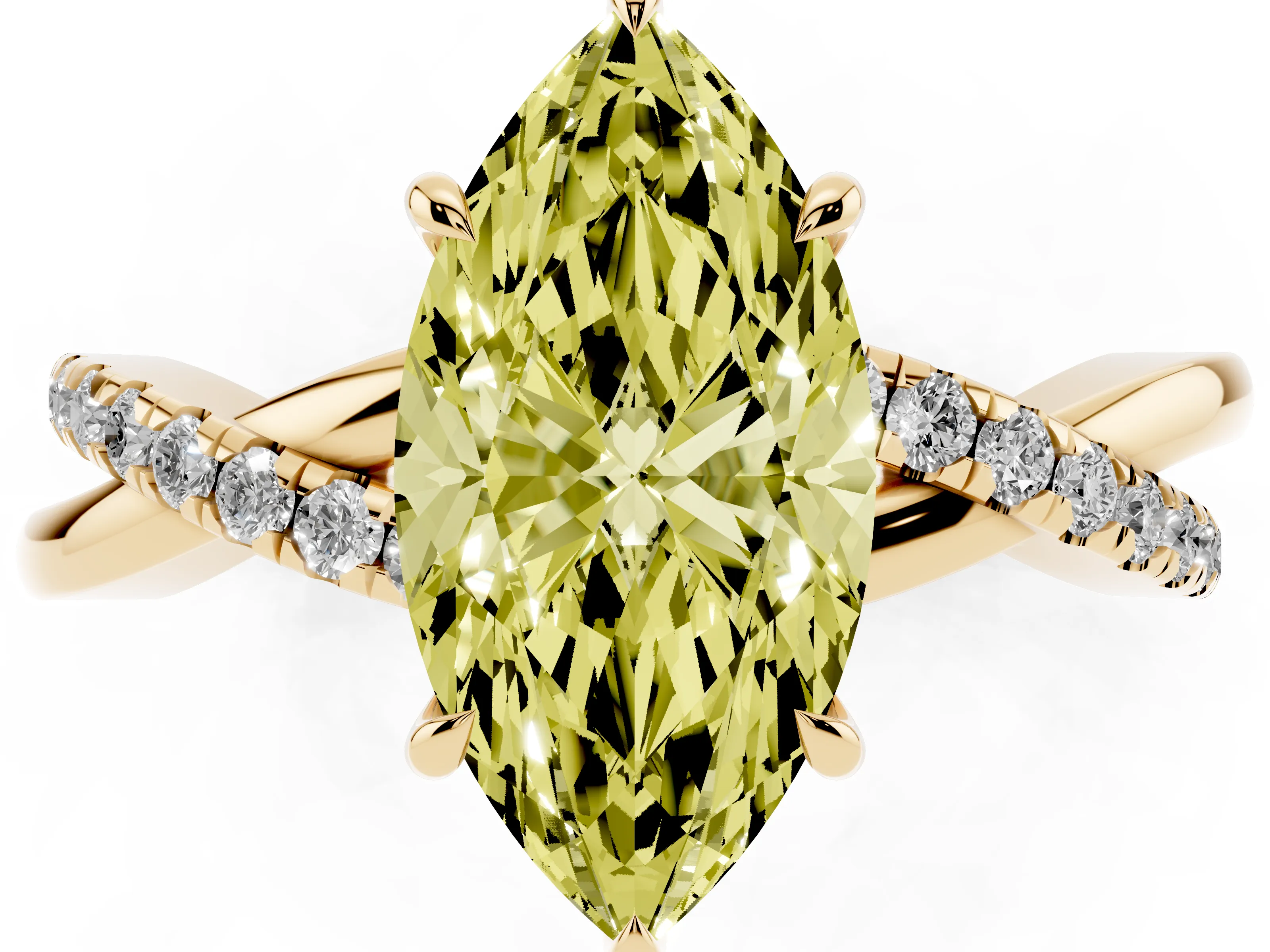 Fancy Yellow Marquise Cut Diamond Twisted Pavé Band Ring Set in Yellow gold with Prong Setting