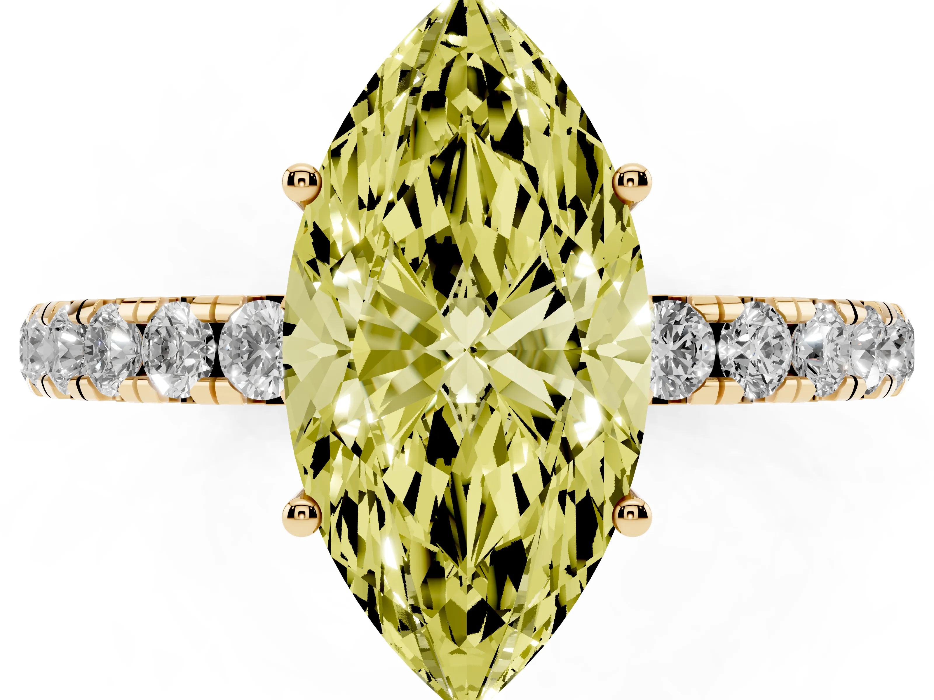 Fancy Yellow Marquise Cut Diamond Pavé Solitaire Engagement Ring Set in Yellow gold with Prong Setting