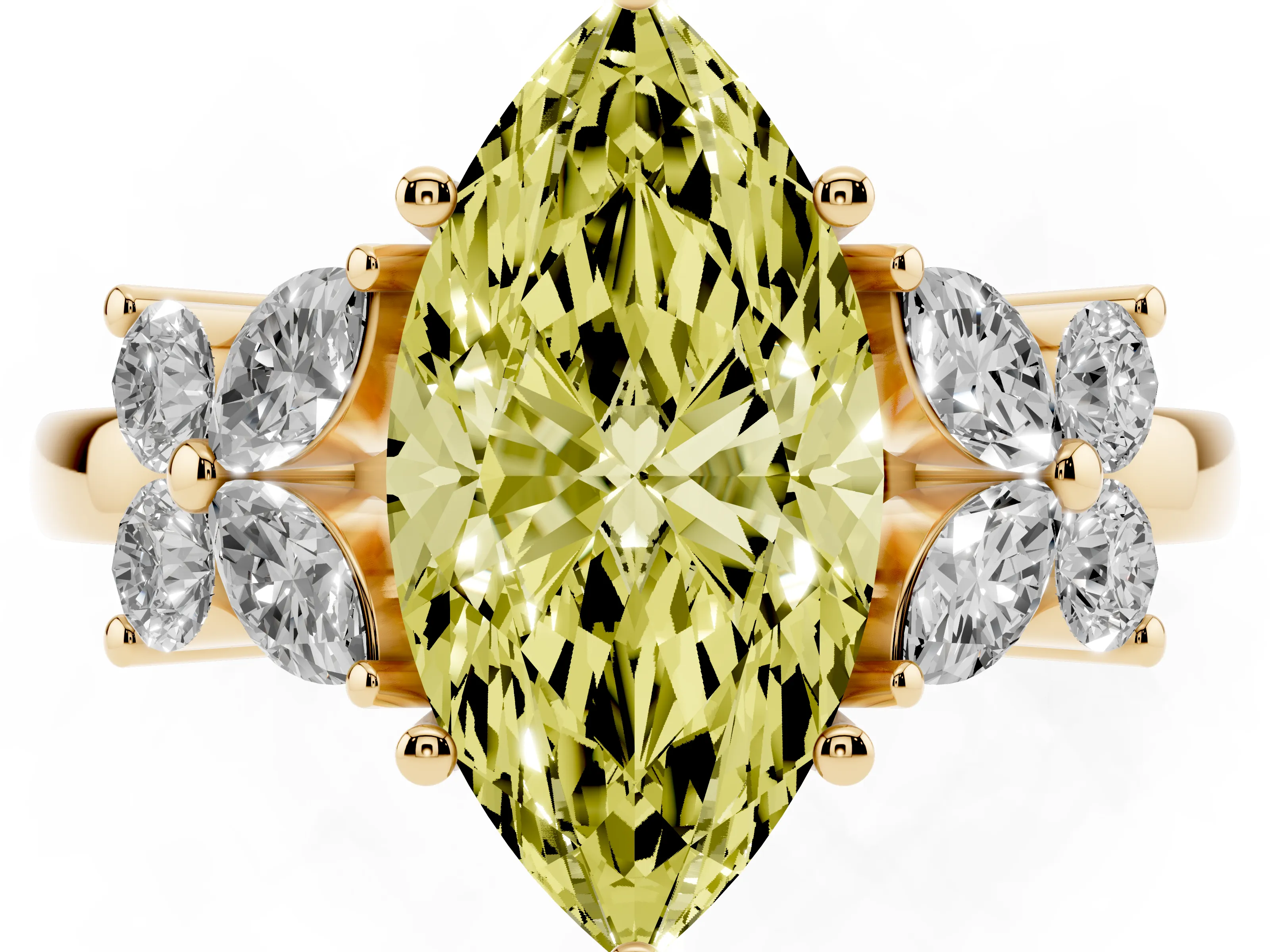Fancy Yellow Marquise Cut Diamond Floral Cluster Ring Set in Yellow gold with Marquise Petals and Prong Setting