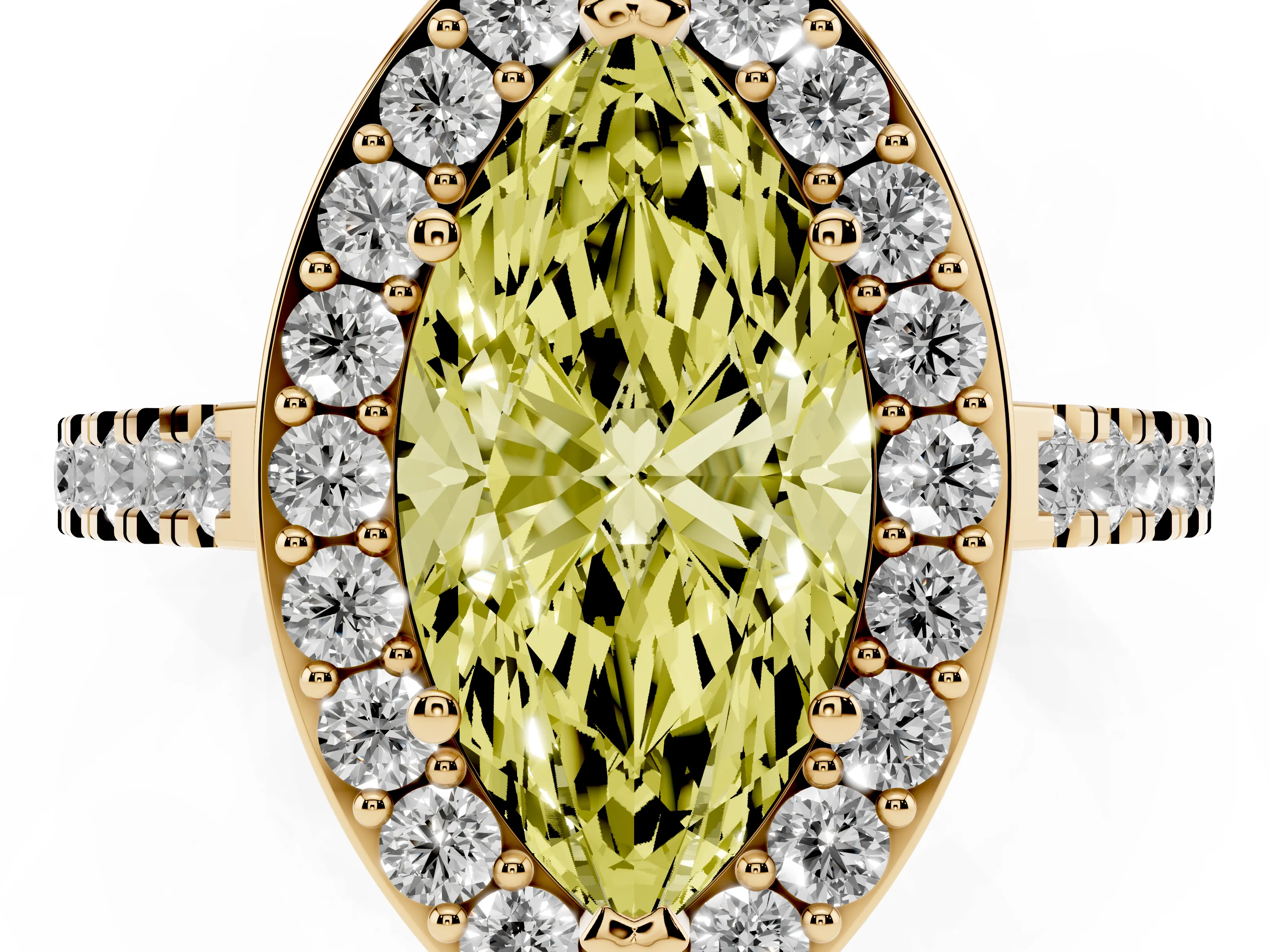 Fancy Yellow Marquise Cut Diamond Halo Ring Set in Yellow gold with Round Pavé Split Shank and Prong Setting