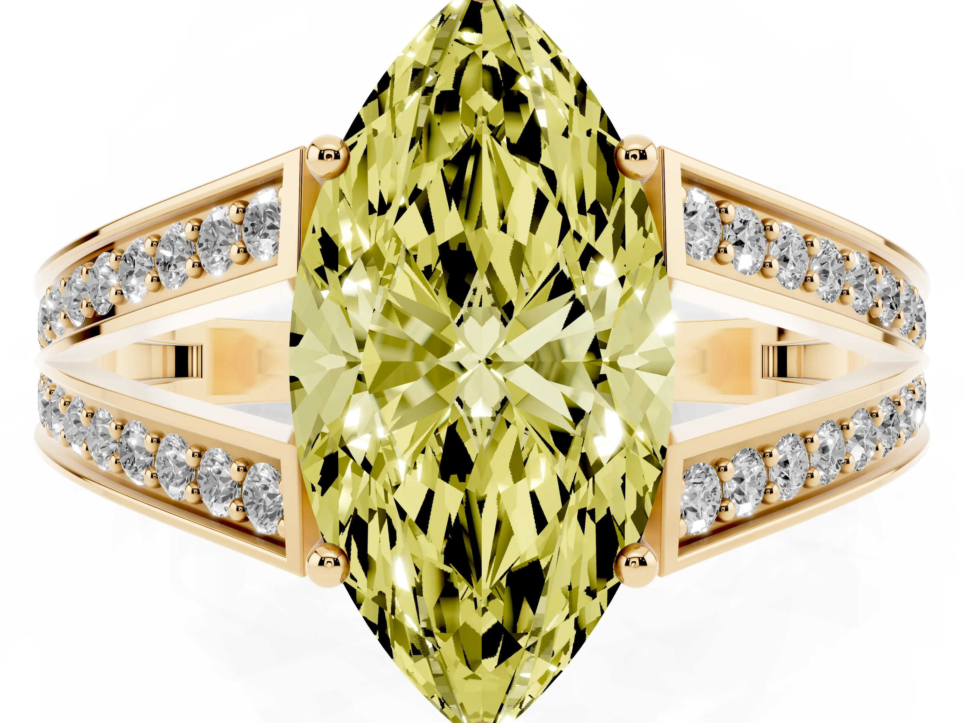 Fancy Yellow Marquise Cut Diamond Split Shank Ring Set in Yellow gold with Pavé Band and Prong Setting