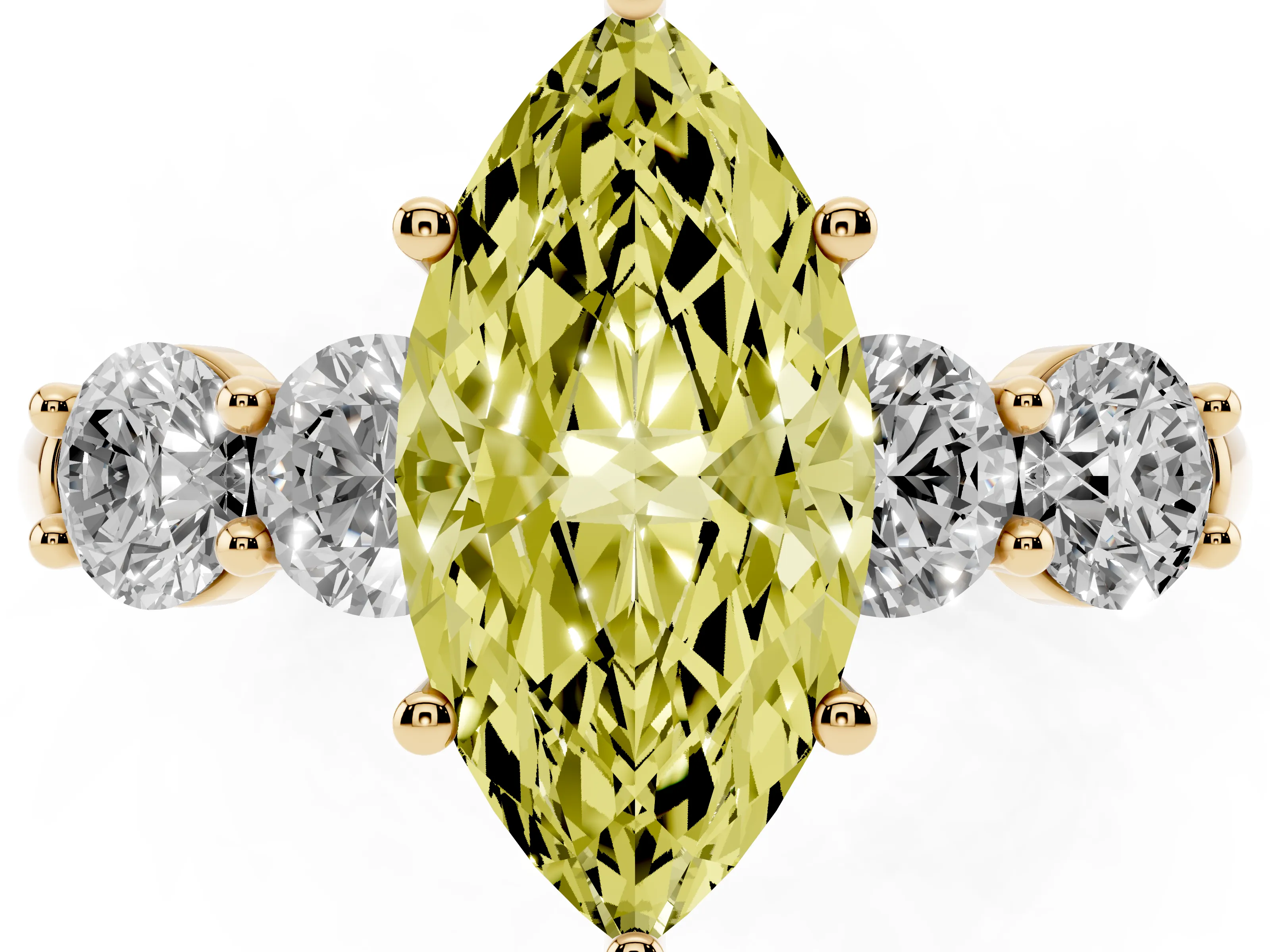 Fancy Yellow Marquise Cut Diamond Five-Stone Prong Set Ring Set in Yellow gold with Classic Band