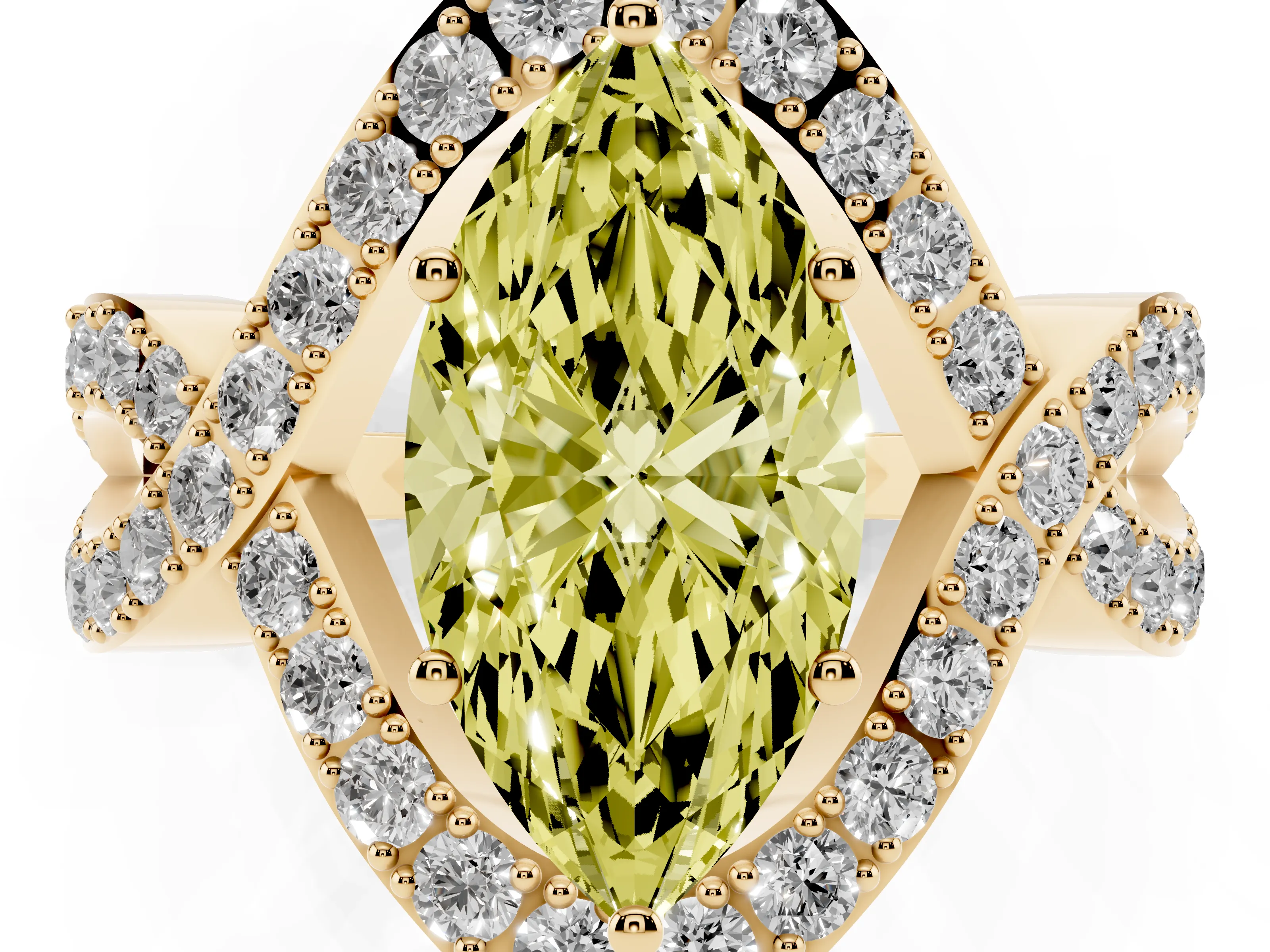 Fancy Yellow Marquise Cut Diamond Solitaire Twist Band Pavé Engagement Ring Set in Yellow gold