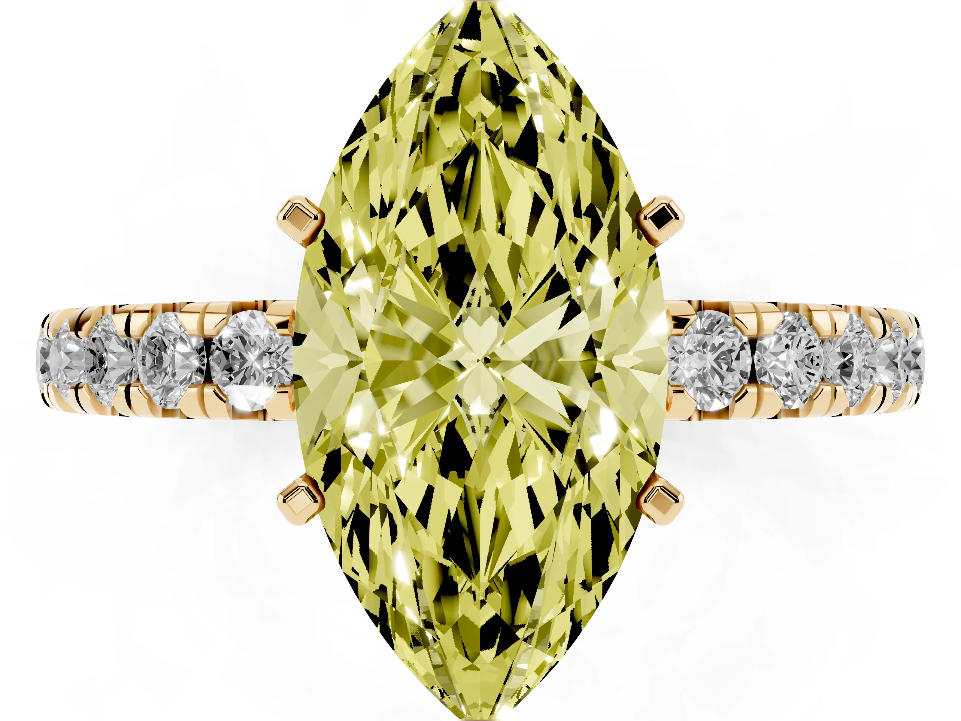 Fancy Yellow Marquise Cut Diamond Pavé Solitaire Ring Set in Yellow gold with Round Band and Prong Setting