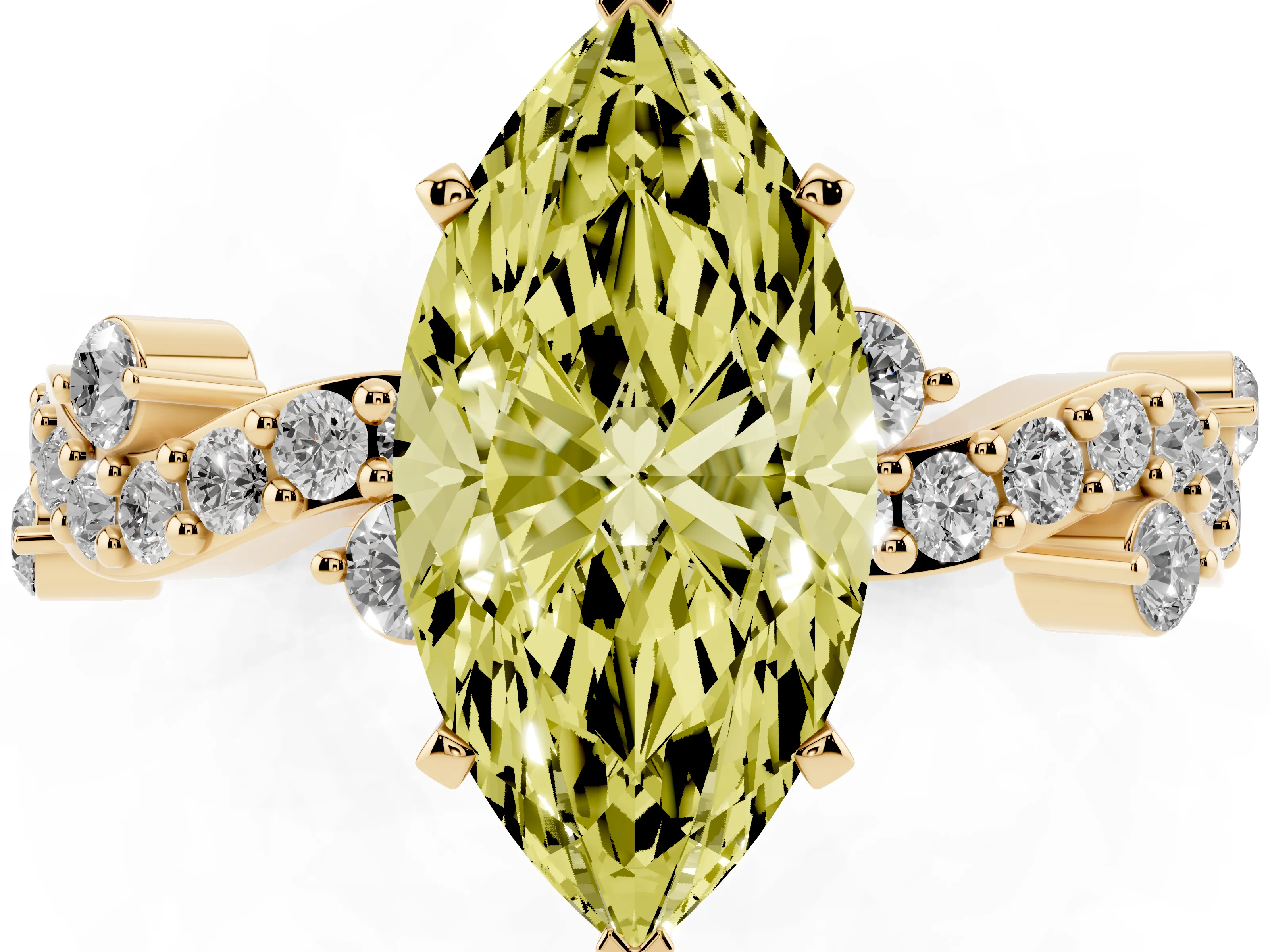 Fancy Yellow Marquise Cut Diamond Solitaire Twisted Band Set in Yellow gold with Pavé Setting