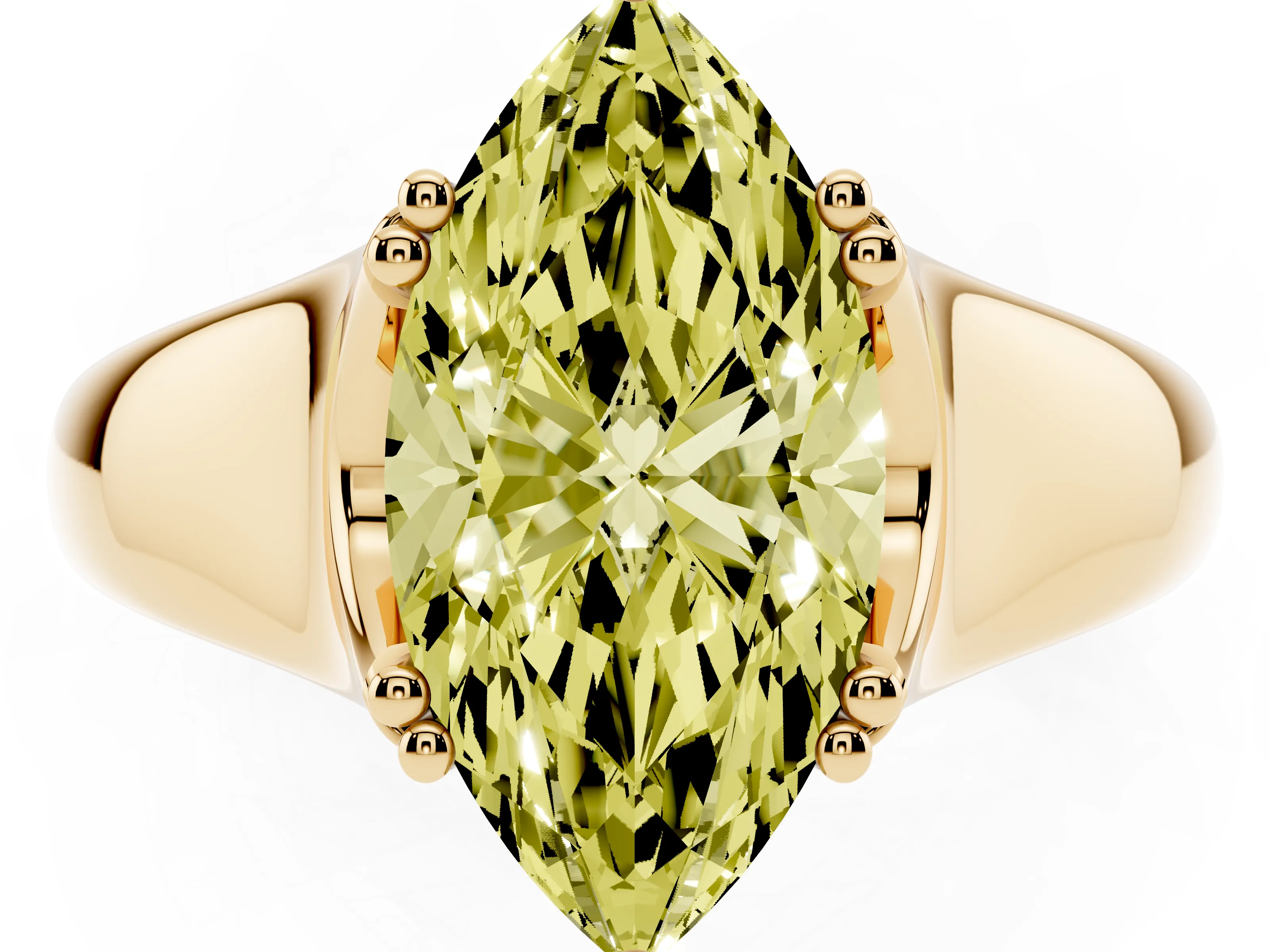 Fancy Yellow Marquise Cut Diamond Solitaire Ring Set in Yellow gold with Wide Band and Prong Setting