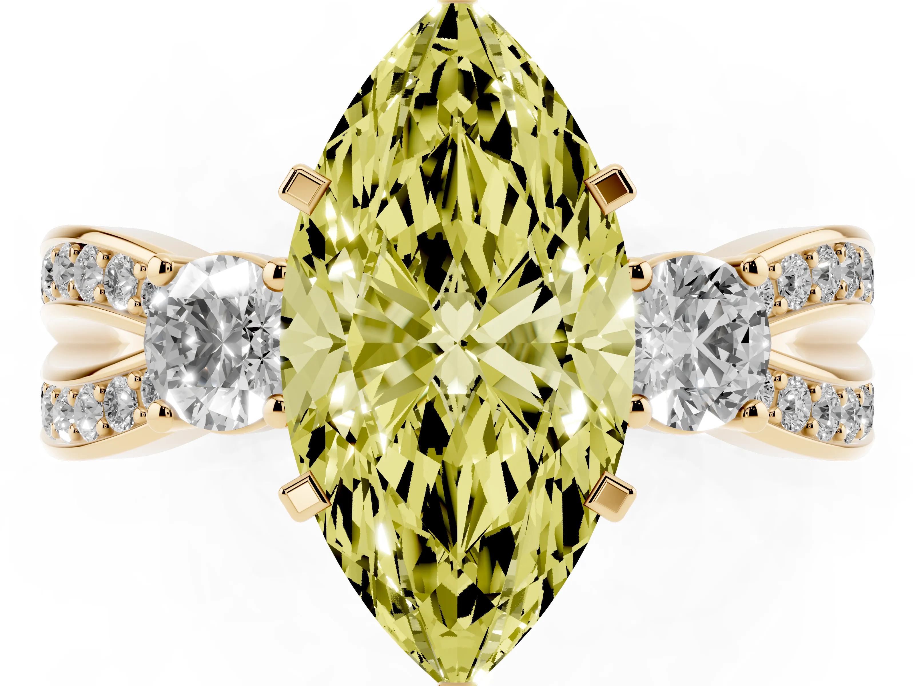 Fancy Yellow Three-Stone Marquise Cut Diamond Twist Band Ring Set in Yellow gold with Pavé Accents and Prong Setting