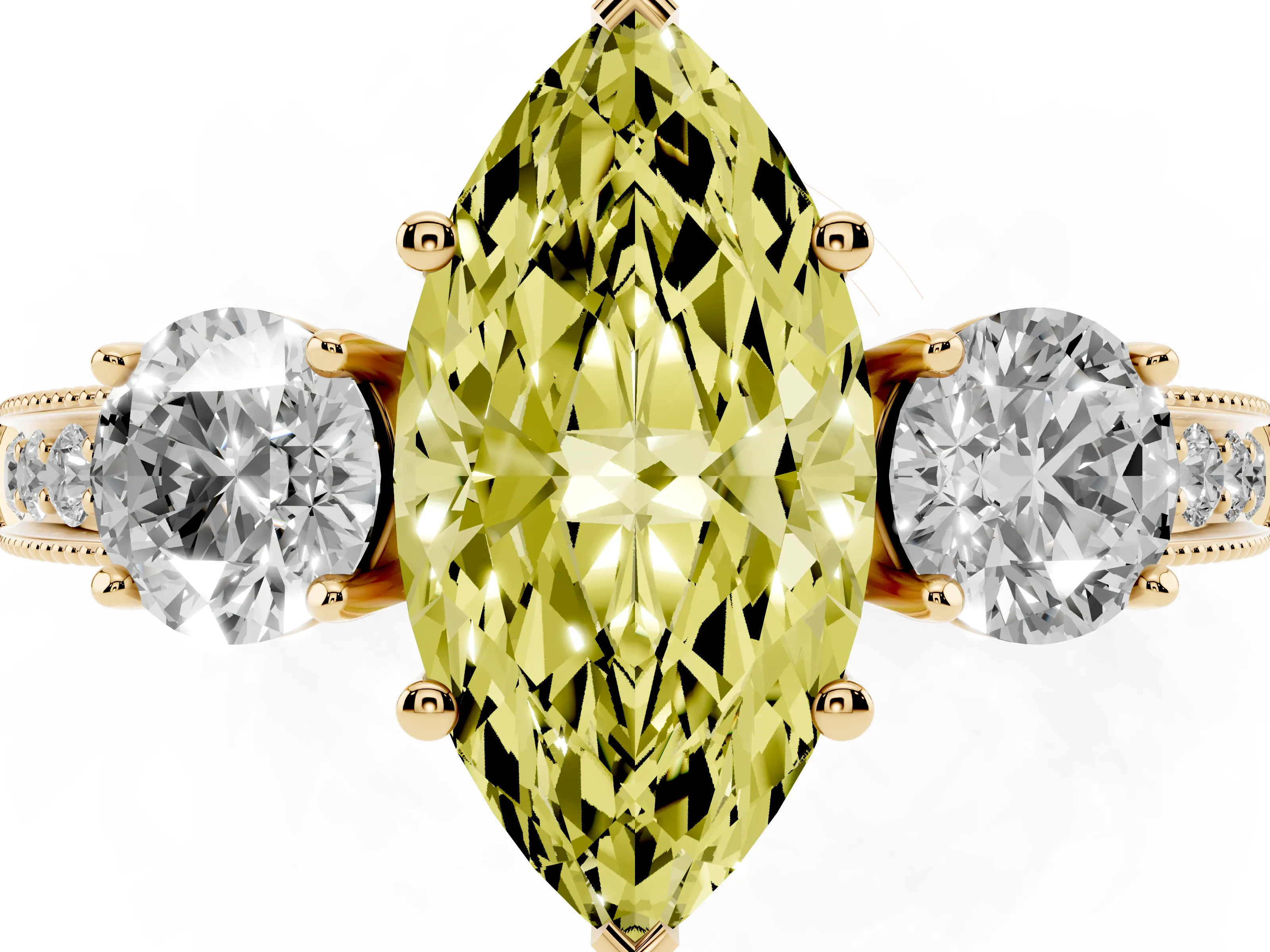 Fancy Yellow Marquise Cut Diamond Three-Stone Ring Set in Yellow gold with Round Side Stones and Pavé Band