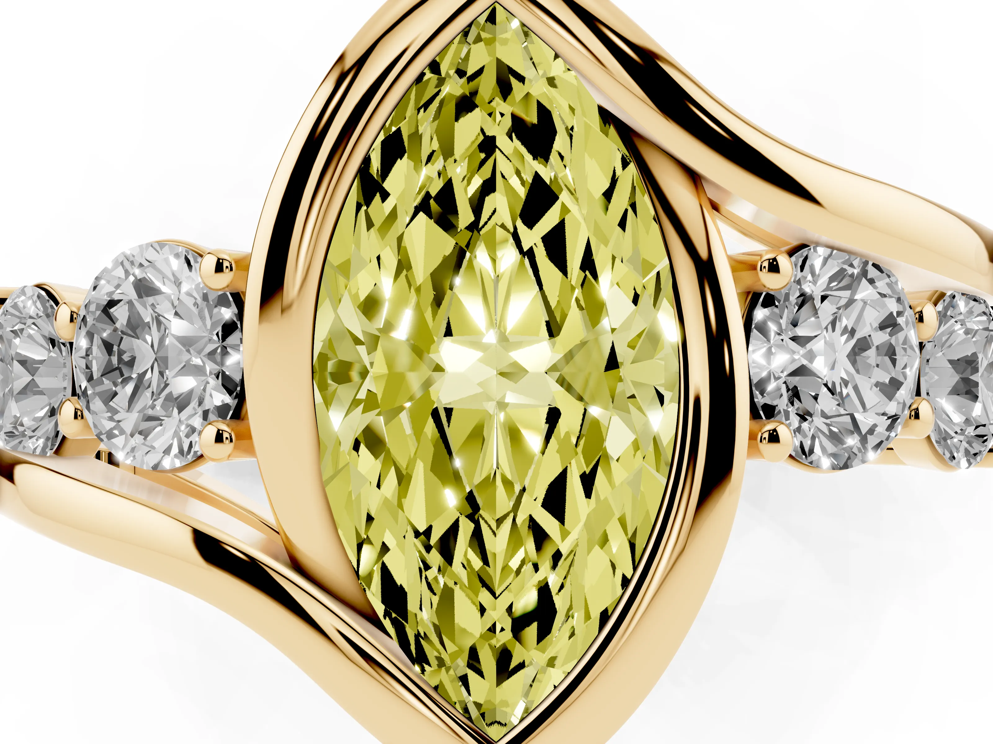 Fancy Yellow Marquise Cut Diamond Bezel Bypass Ring Set in Yellow gold with Round Accents