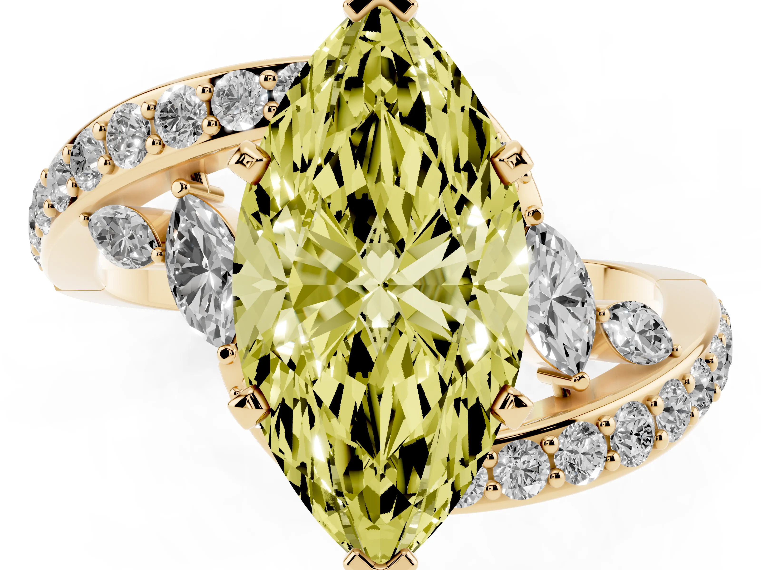 Fancy Yellow Marquise Cut Diamond Solitaire Ring Set in Yellow gold with Pavé Twist Band and Secure Prong Setting