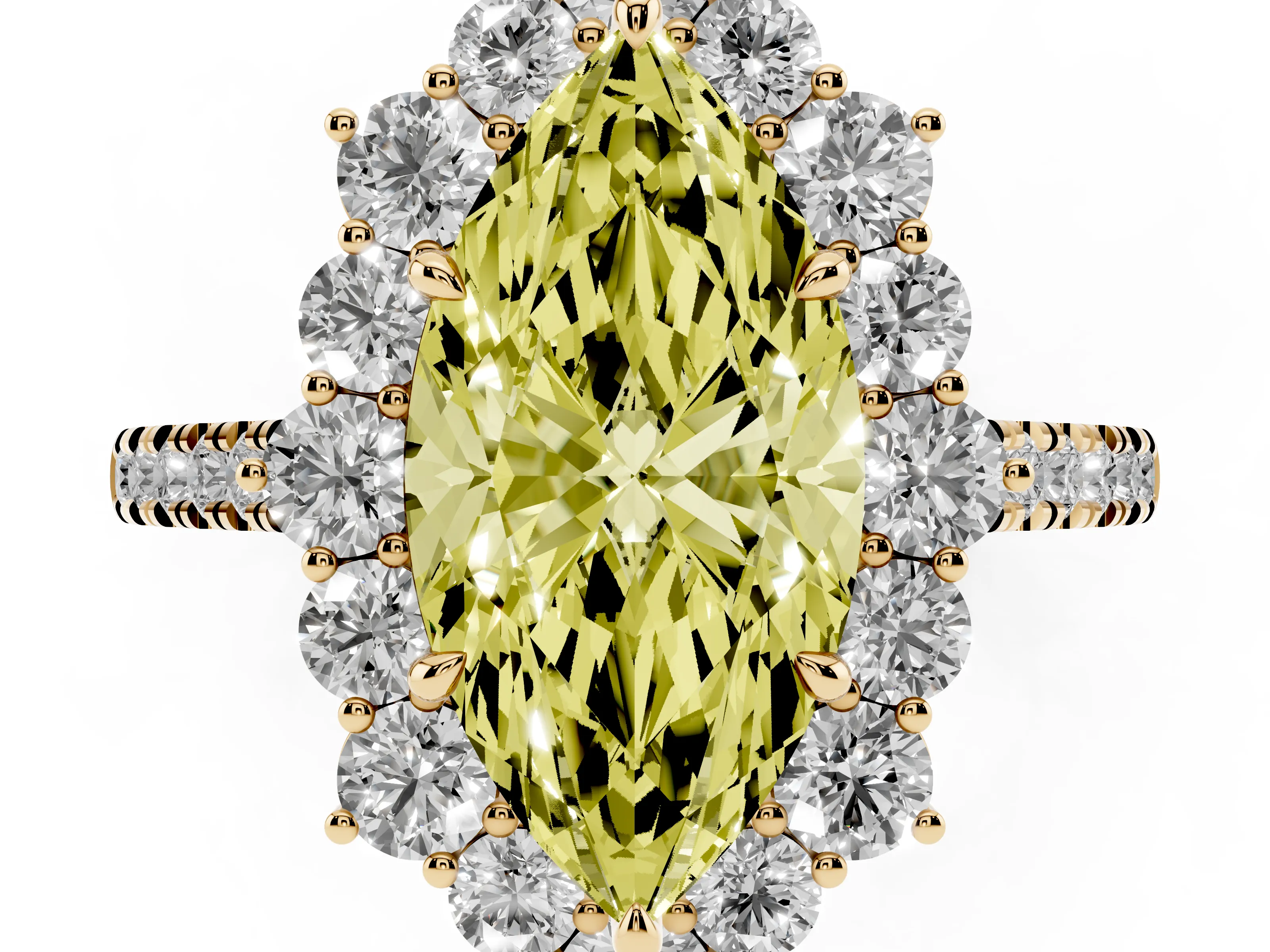 Fancy Yellow Marquise Cut Diamond Halo Ring Set in Yellow gold with Pavé Band and Prong Setting