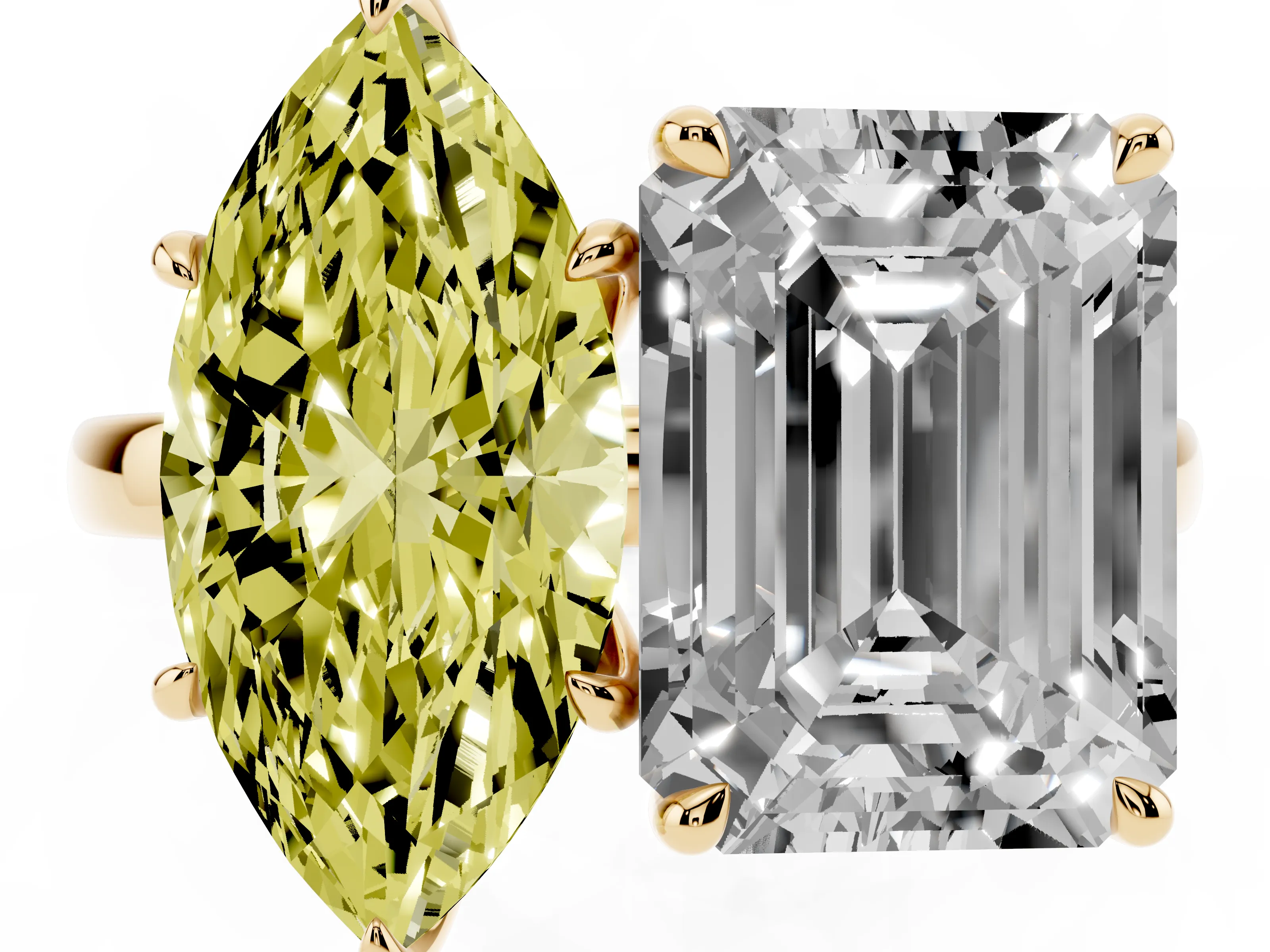 Fancy Yellow Marquise Cut and Emerald Cut Toi Moi Ring Set in Yellow gold with Prong Setting