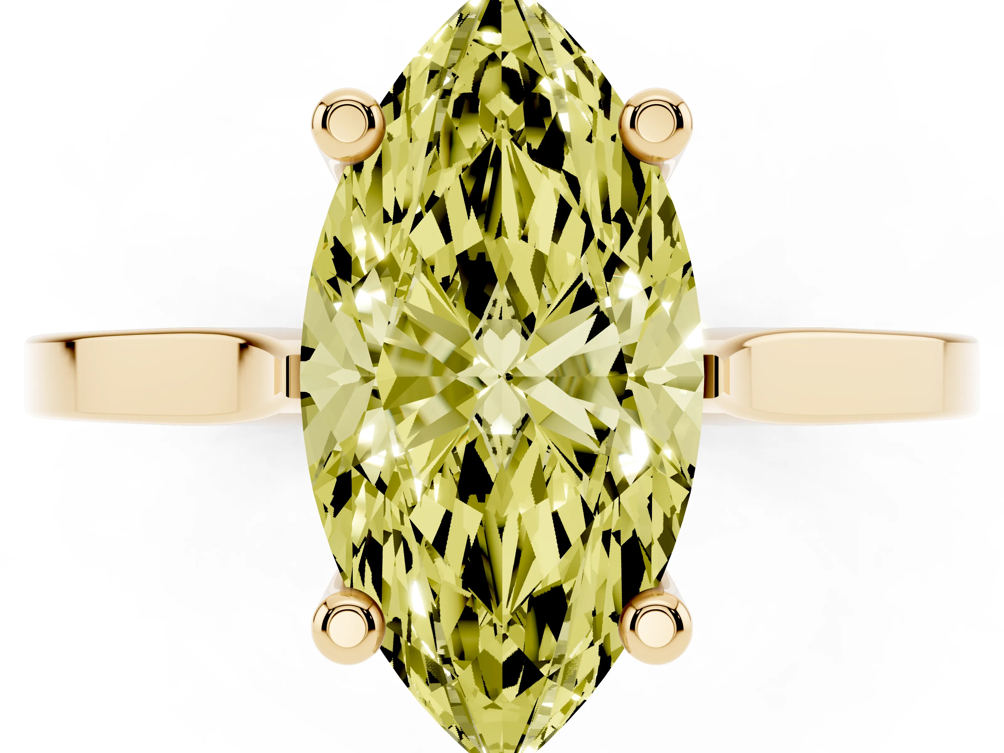 Fancy Yellow Marquise Cut Diamond Solitaire Ring Set in Yellow gold with Prong Setting and Tapered Band