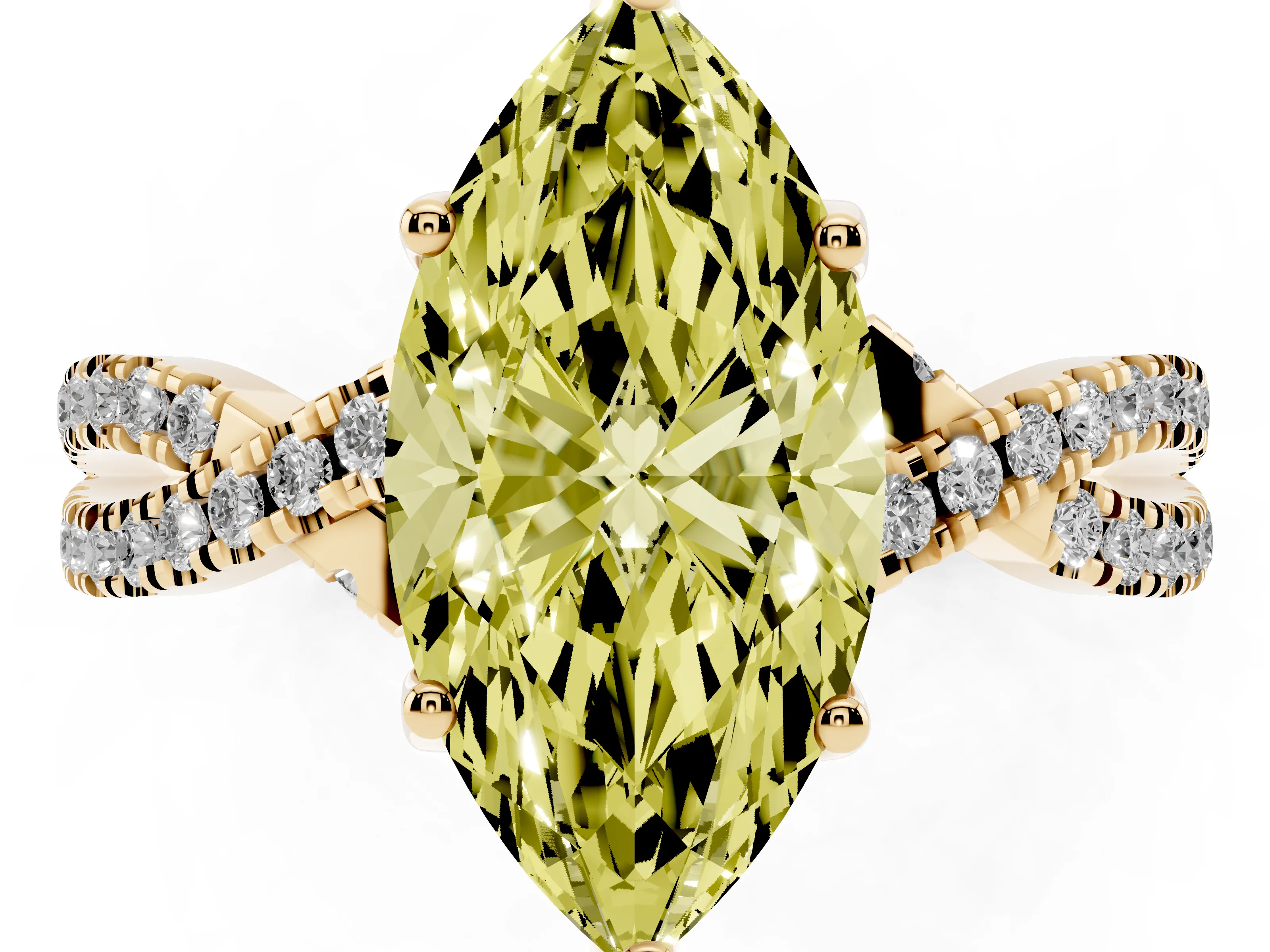 Fancy Yellow Marquise Cut Diamond Twist Pavé Solitaire Engagement Ring Set in Yellow gold with Prong Setting