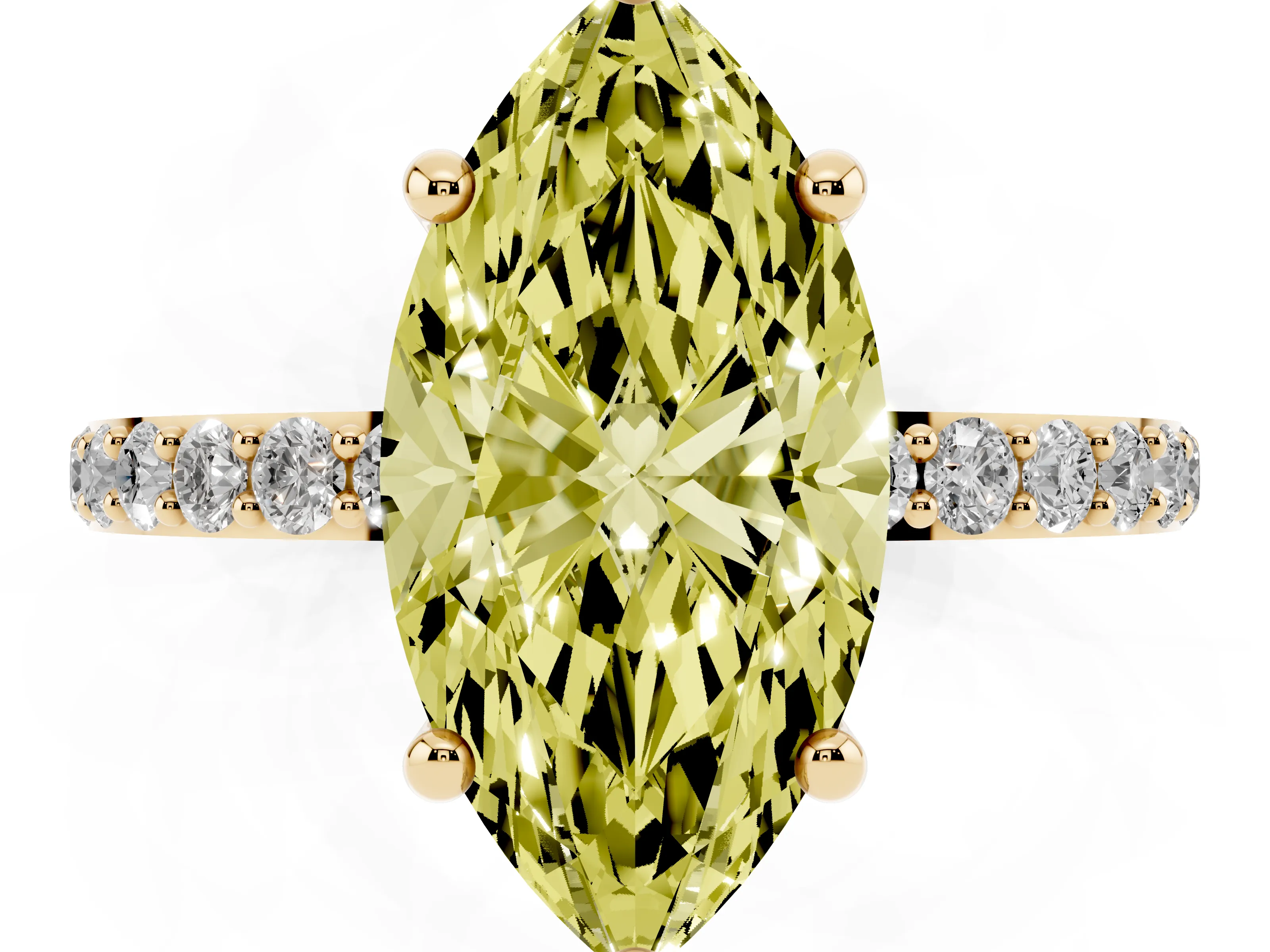 Fancy Yellow Marquise Cut Diamond Solitaire Ring Set in Yellow gold with Round Pavé Band and Prong Setting