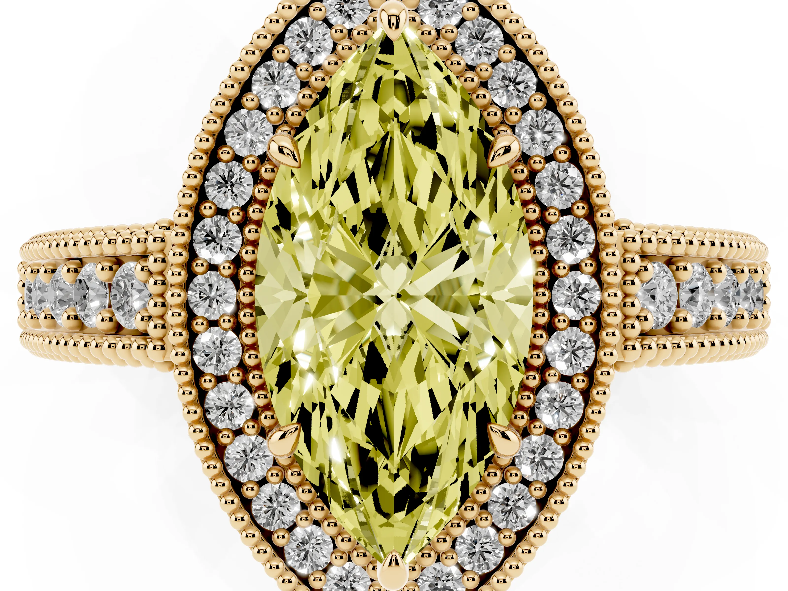 Fancy Yellow Marquise Cut Diamond Halo Ring Set in Yellow gold with Round Accent Halo, Pavé Band and Prong Setting