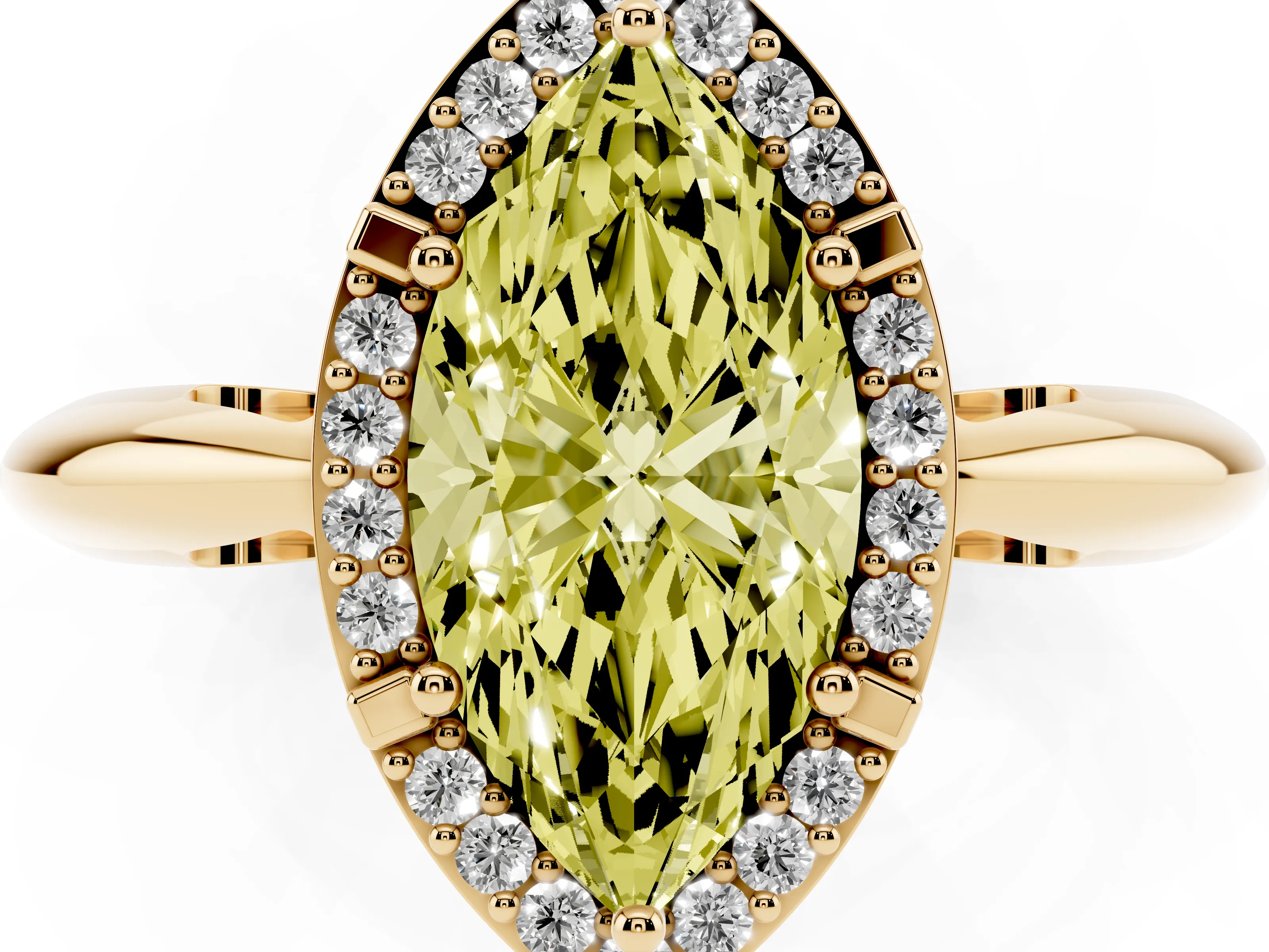 Fancy Yellow Marquise Cut Diamond Halo Engagement Ring Set in Yellow gold with Plain Split Shank and Prong Setting