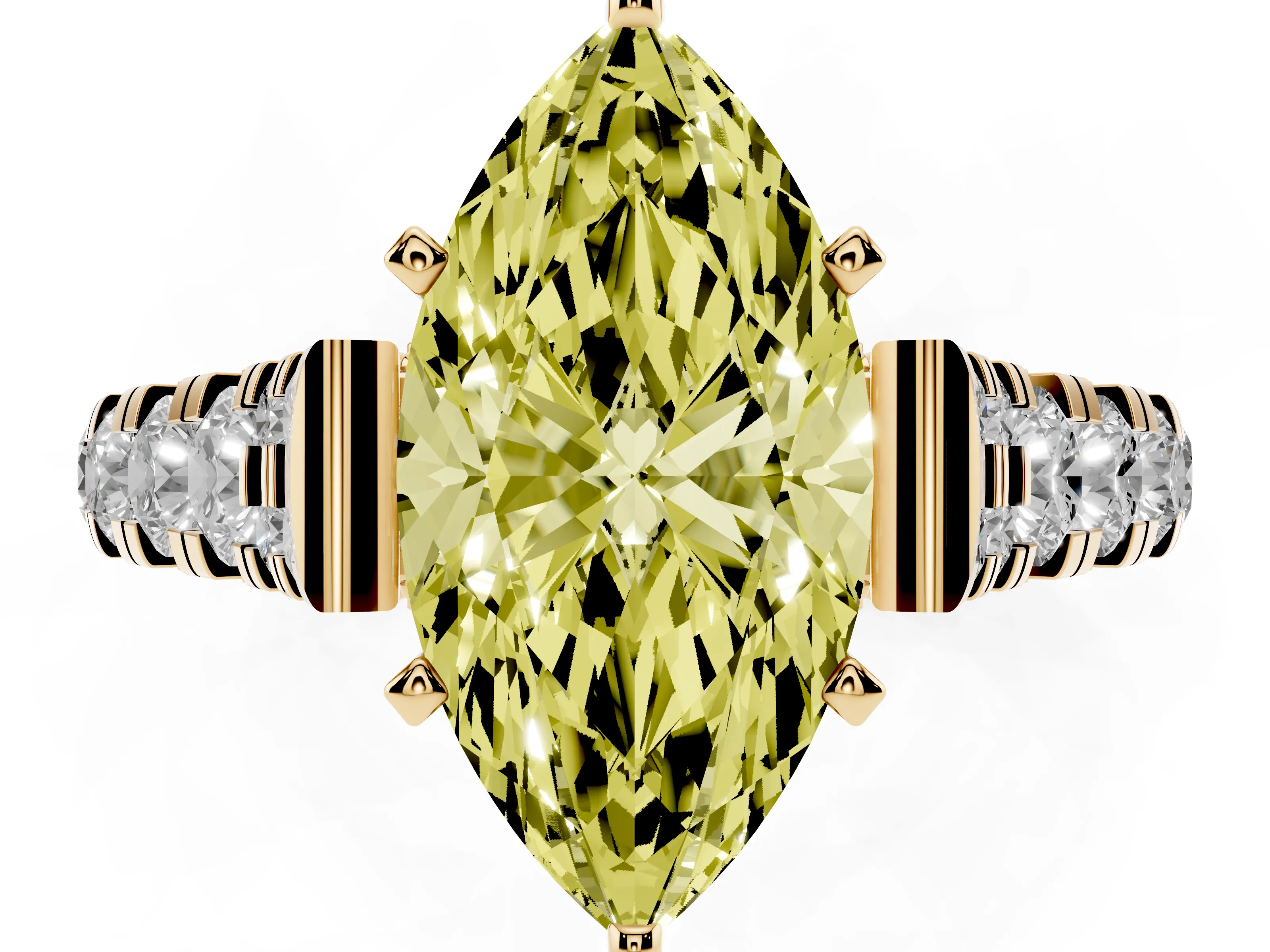 Fancy Yellow Marquise Cut Diamond Classic Solitaire Ring Set in Yellow gold with Pavé Band and Prong Setting