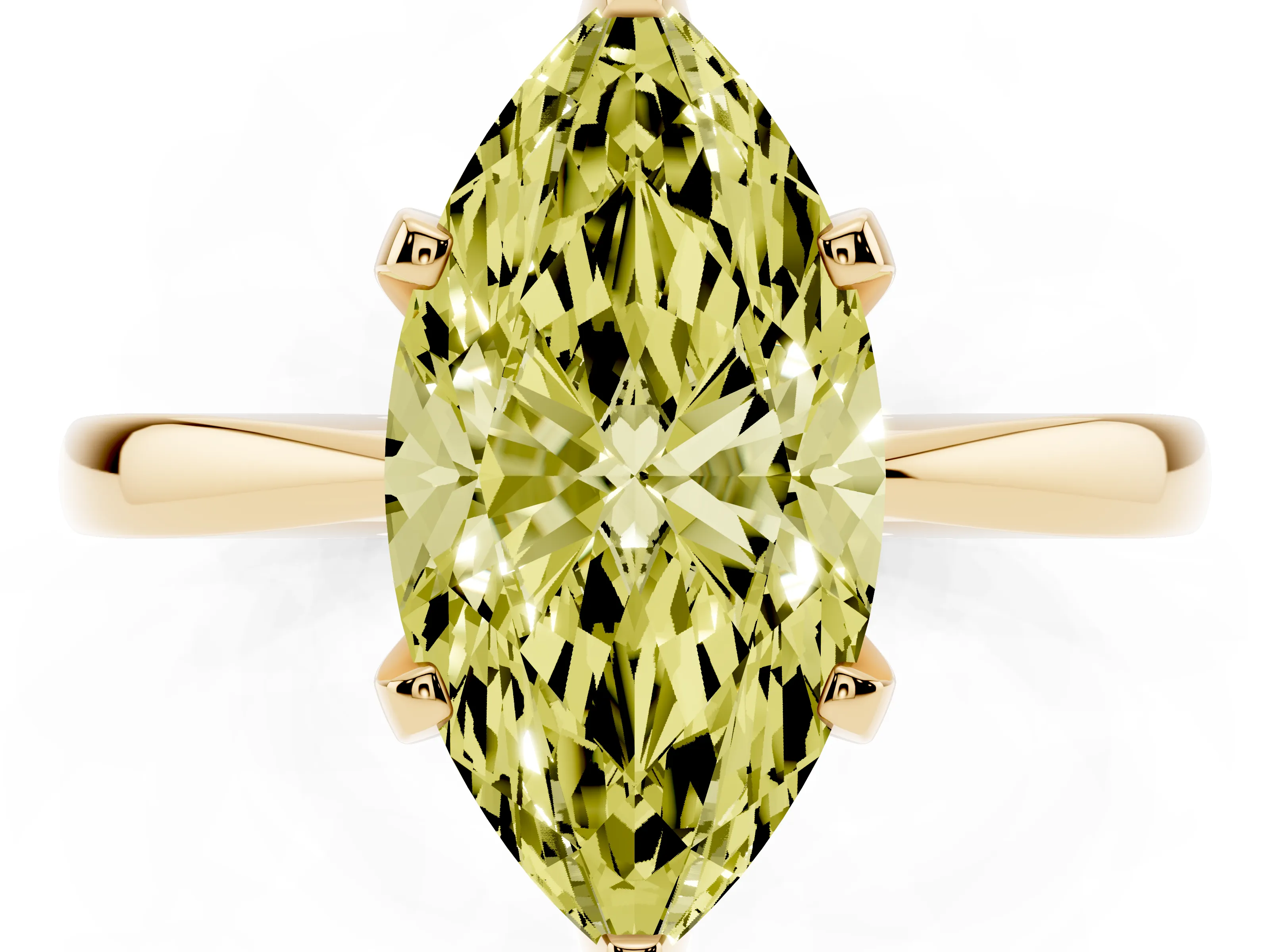 Fancy Yellow Marquise Cut Diamond Solitaire Engagement Ring Set in Yellow gold with Slim Tapered Solitaire Band