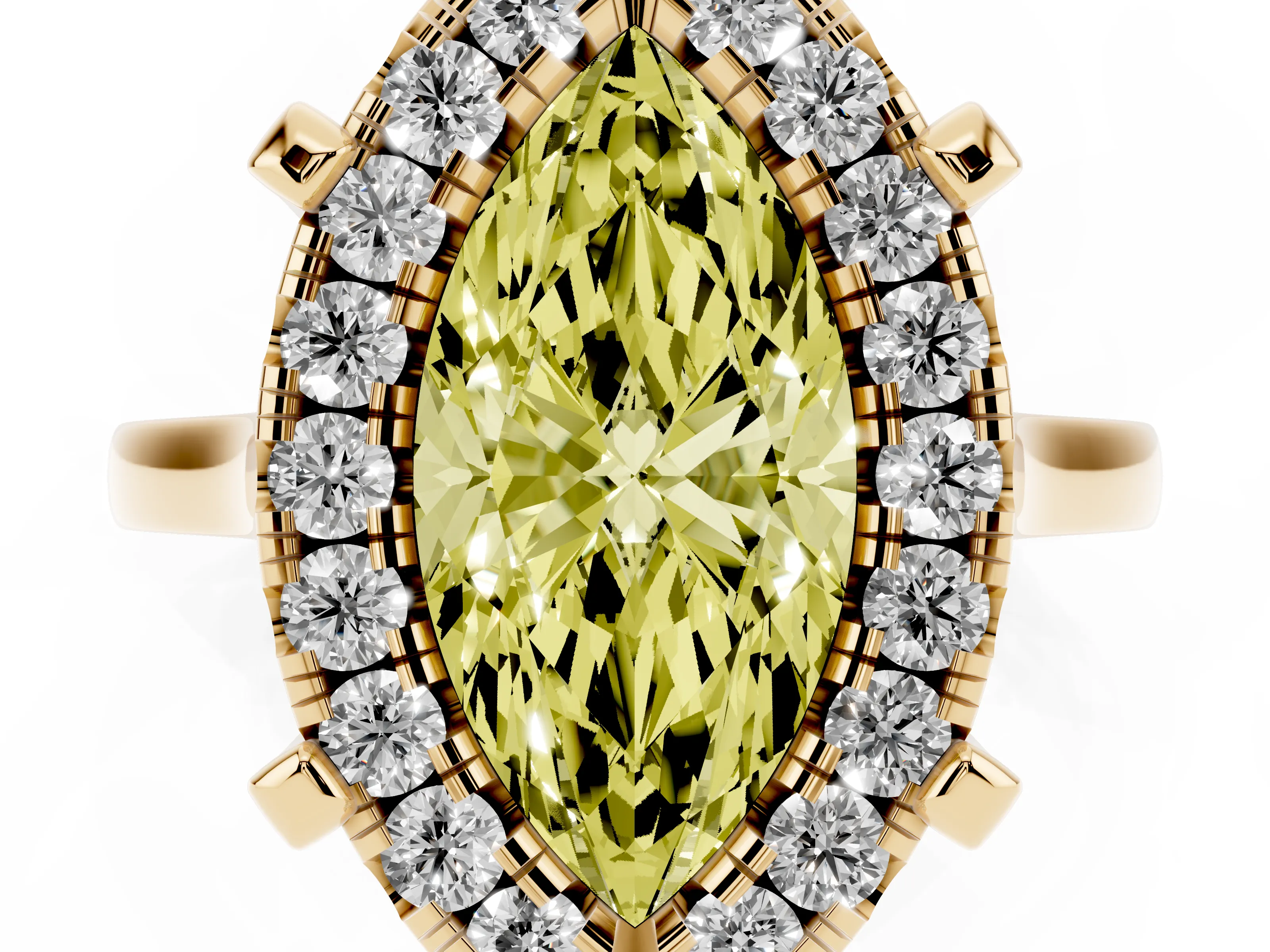 Fancy Yellow Marquise Cut Diamond Cluster Halo Solitaire Ring Set in Yellow gold with Prong Setting