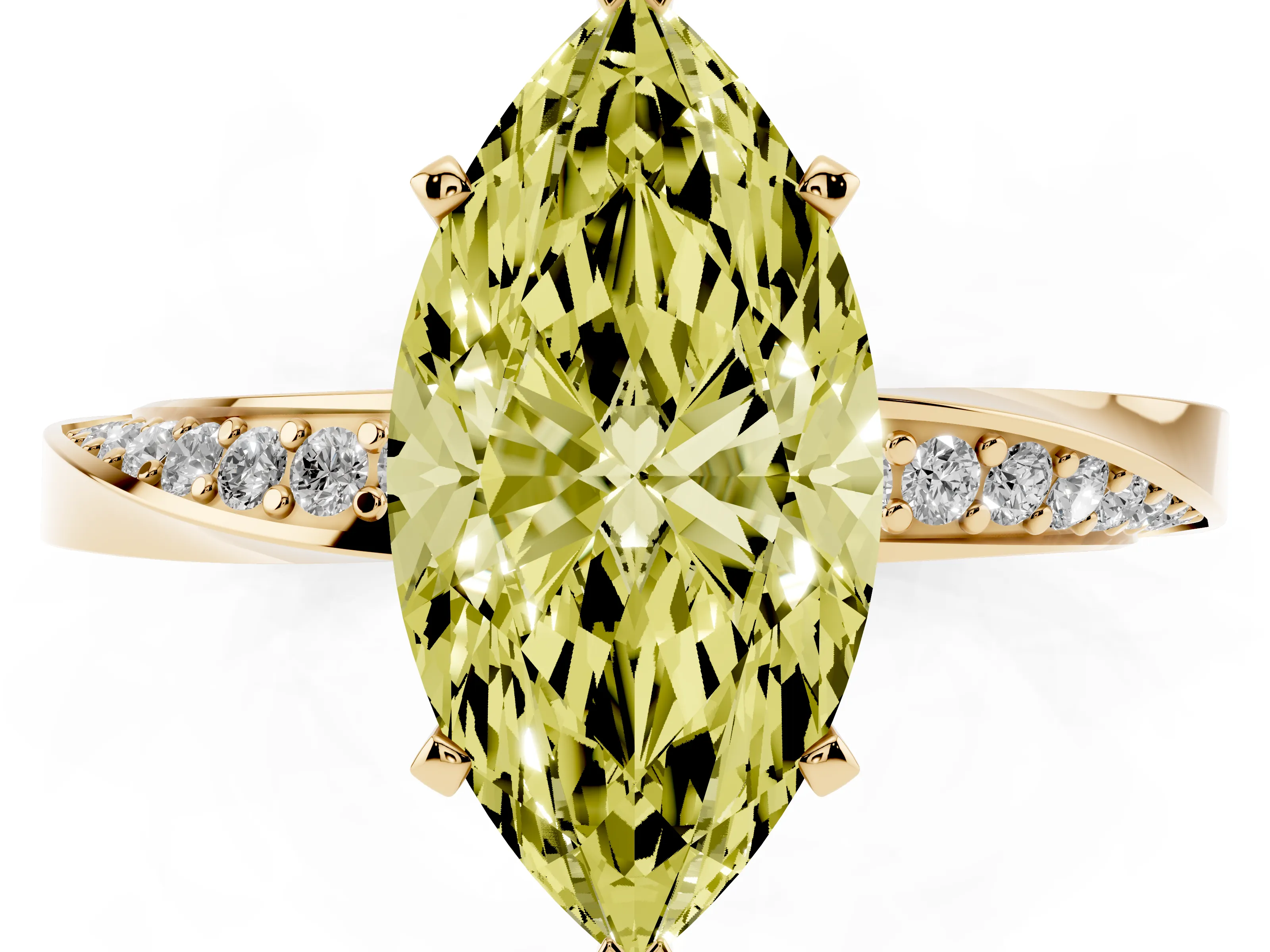 Fancy Yellow Marquise Cut Diamond Engagement Ring Set in Yellow gold with Side Stone Accents and Prong Setting