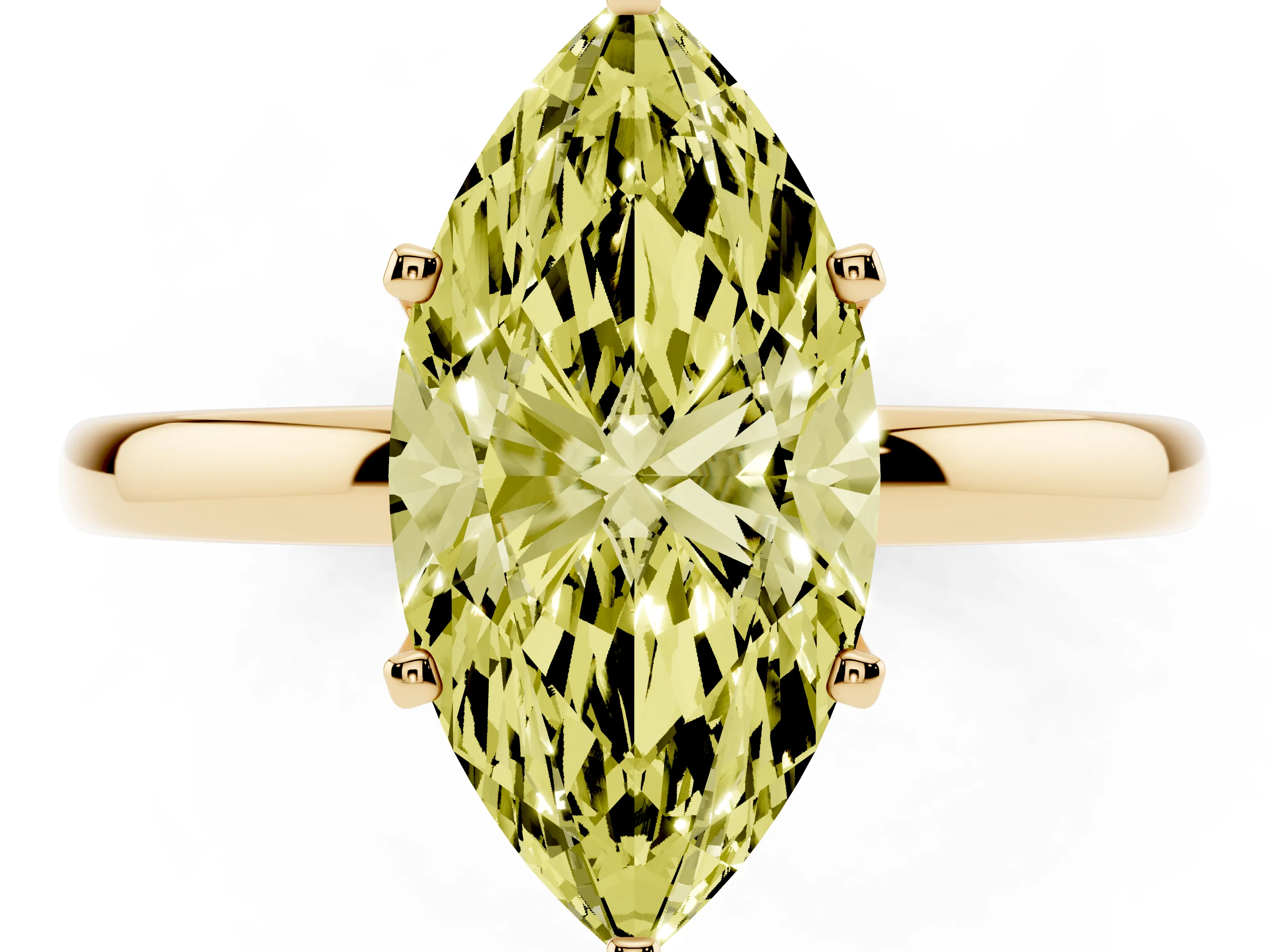 Fancy Yellow Marquise Cut Diamond Solitaire Ring Set in Yellow gold with Raised Prong Setting on a Classic Band