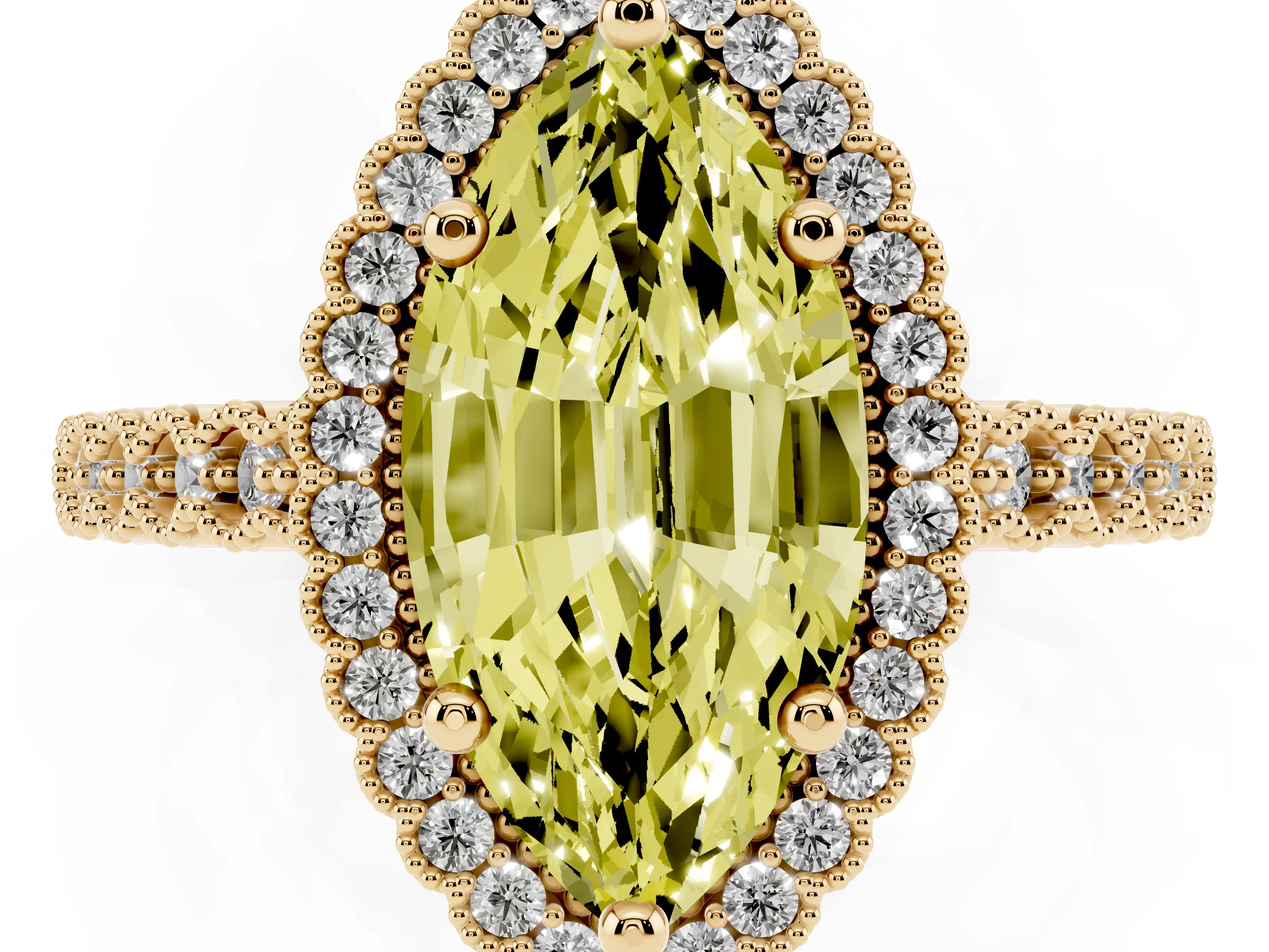 Fancy Yellow Marquise Cut Diamond Halo Ring Set in Yellow gold with Pavé Milgrain Band