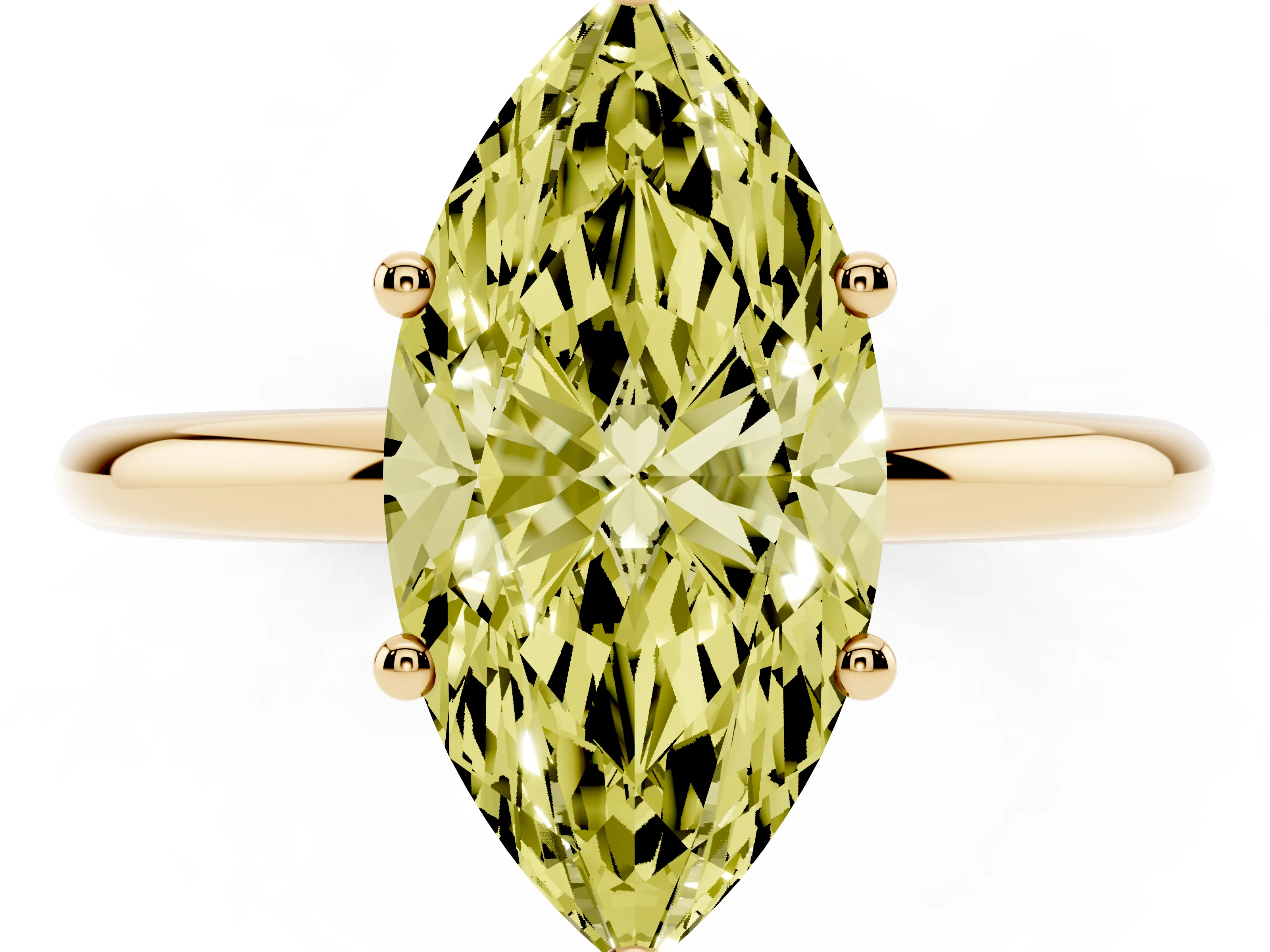 Fancy Yellow Marquise Cut Diamond Solitaire Engagement Ring Set in Yellow gold with Prong Setting and Polished Band