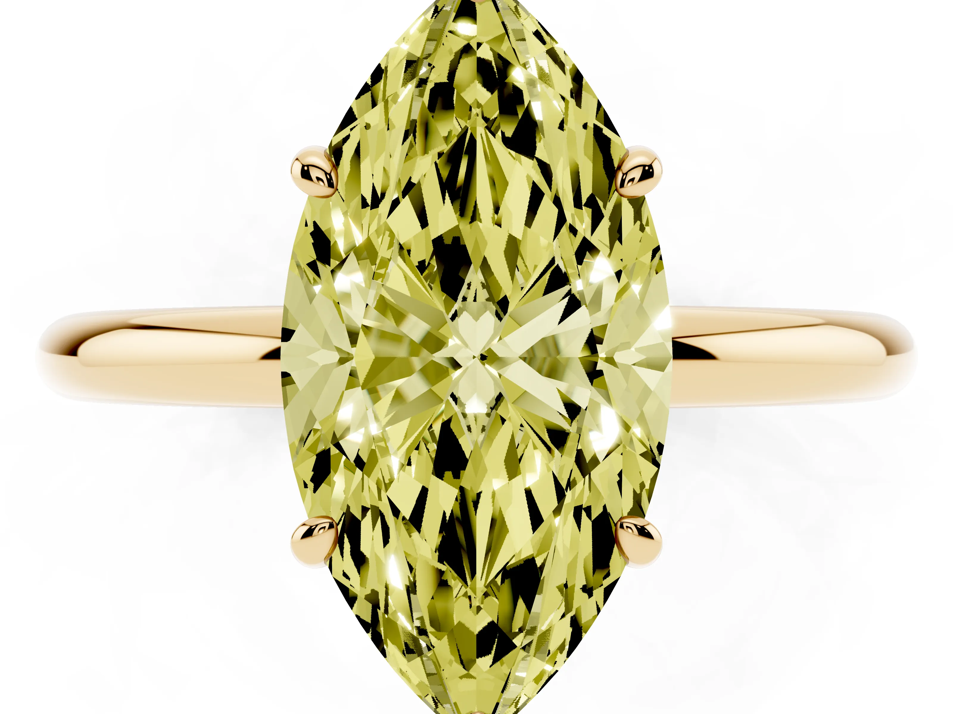 Fancy Yellow Marquise Cut Diamond Solitaire Ring Set in Yellow gold with Prong Setting on a Polished Plain Band