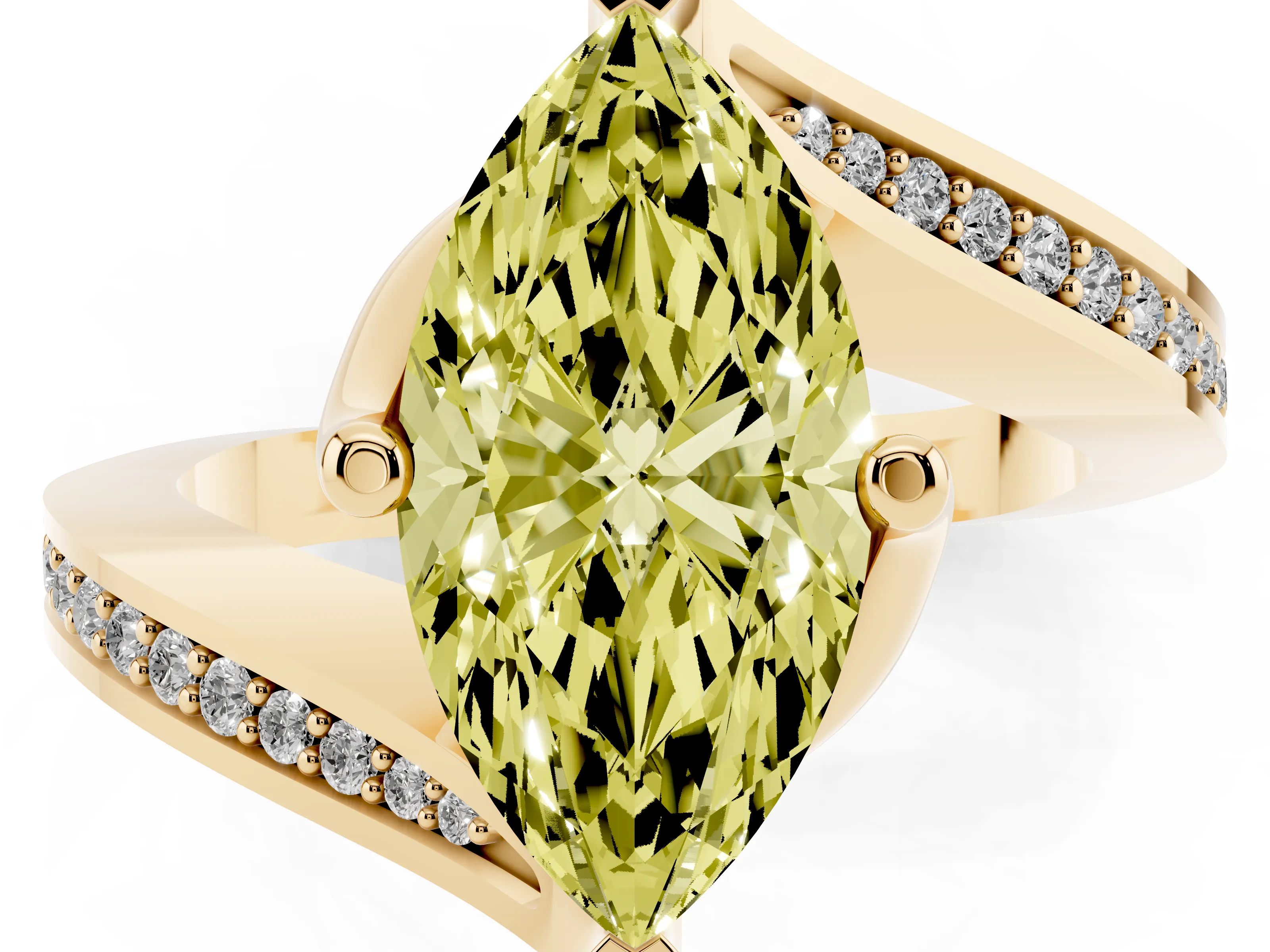 Fancy Yellow Marquise Cut Diamond Solitaire Ring Set in Yellow gold with Intertwined Pavé Twist Band