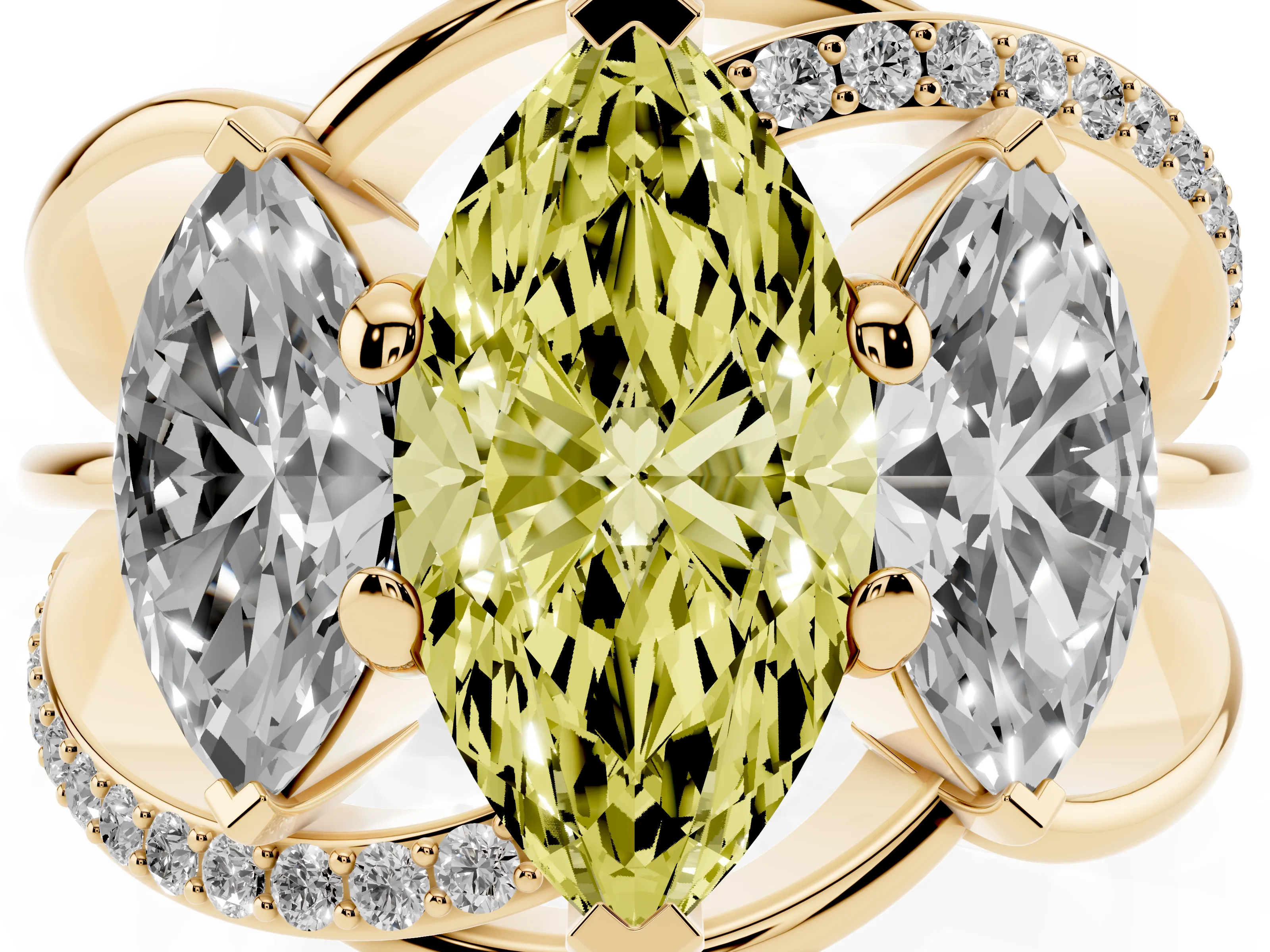 Fancy Yellow Marquise Cut Diamond Three-Stone Ring Set in Yellow gold with Split Shank and Prong Setting