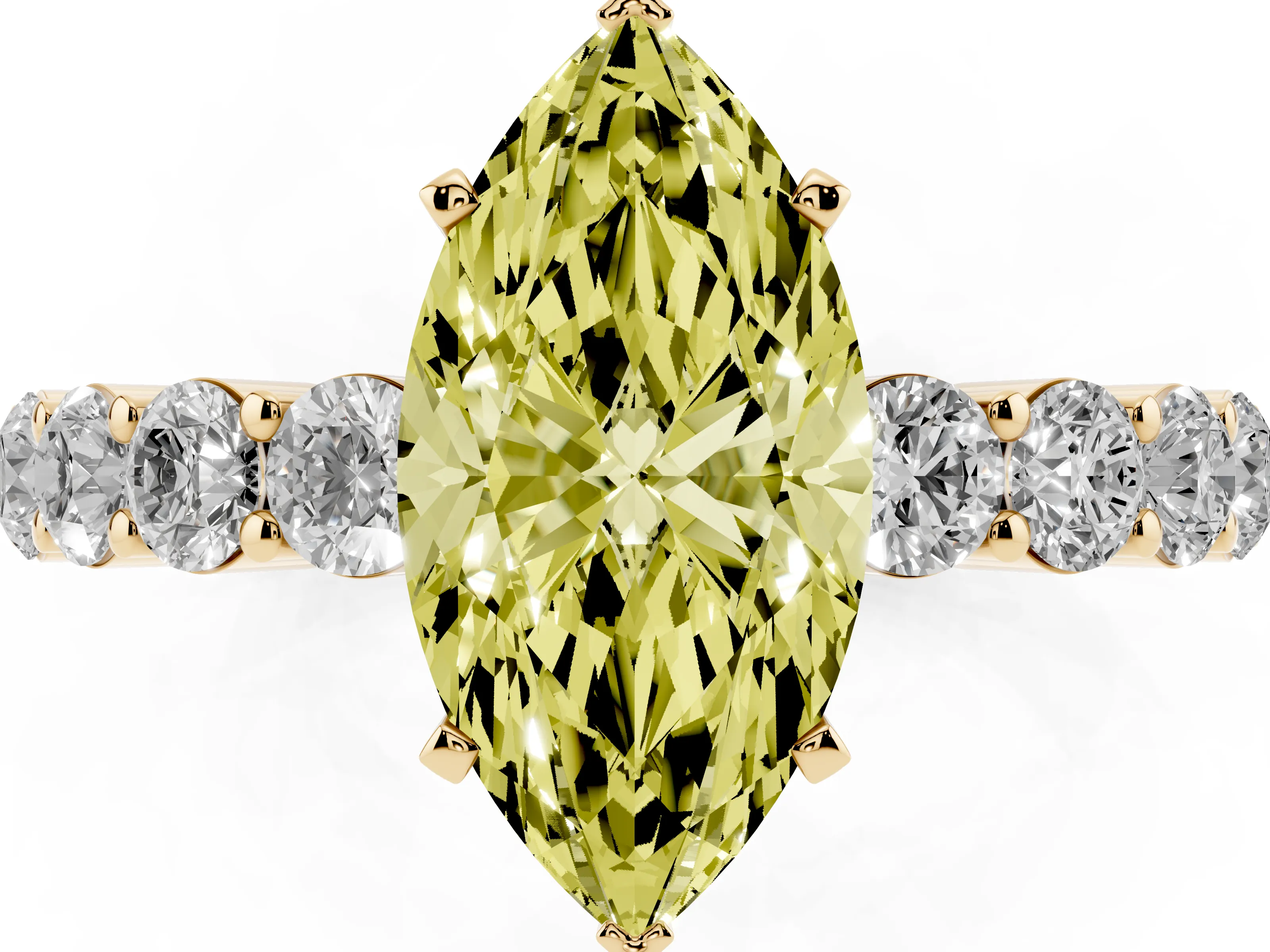 Fancy Yellow Marquise Cut Diamond Solitaire Ring Set in Yellow gold with Shared Prong Round Side Stones