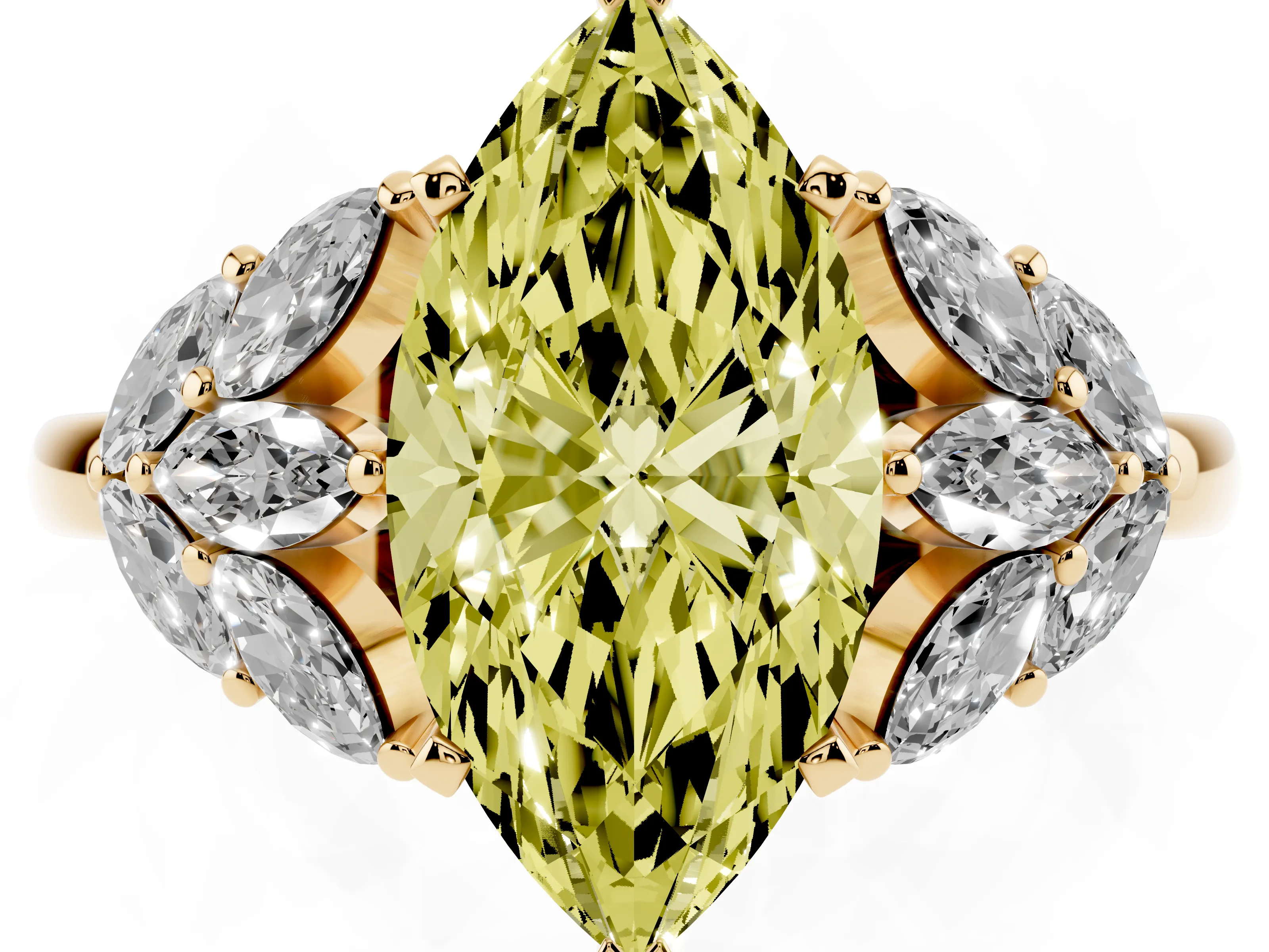 Fancy Yellow Marquise Cut Diamond Cluster Leaf Design Ring Set in Yellow gold with Prong Setting
