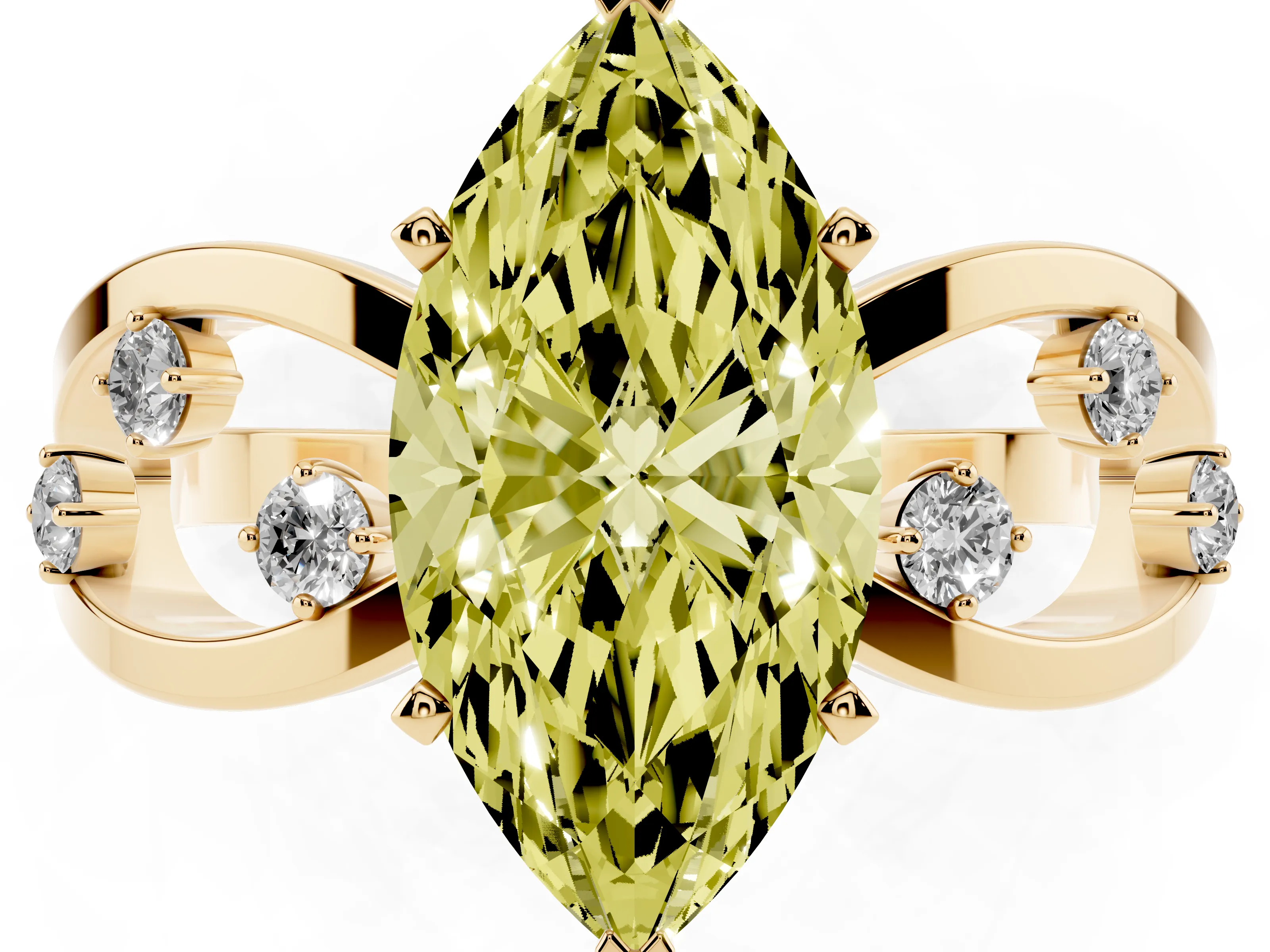 Fancy Yellow Marquise Cut Diamond Solitaire Ring Set in Yellow gold with Side Stones on Criss-Cross Band and Prong Setting