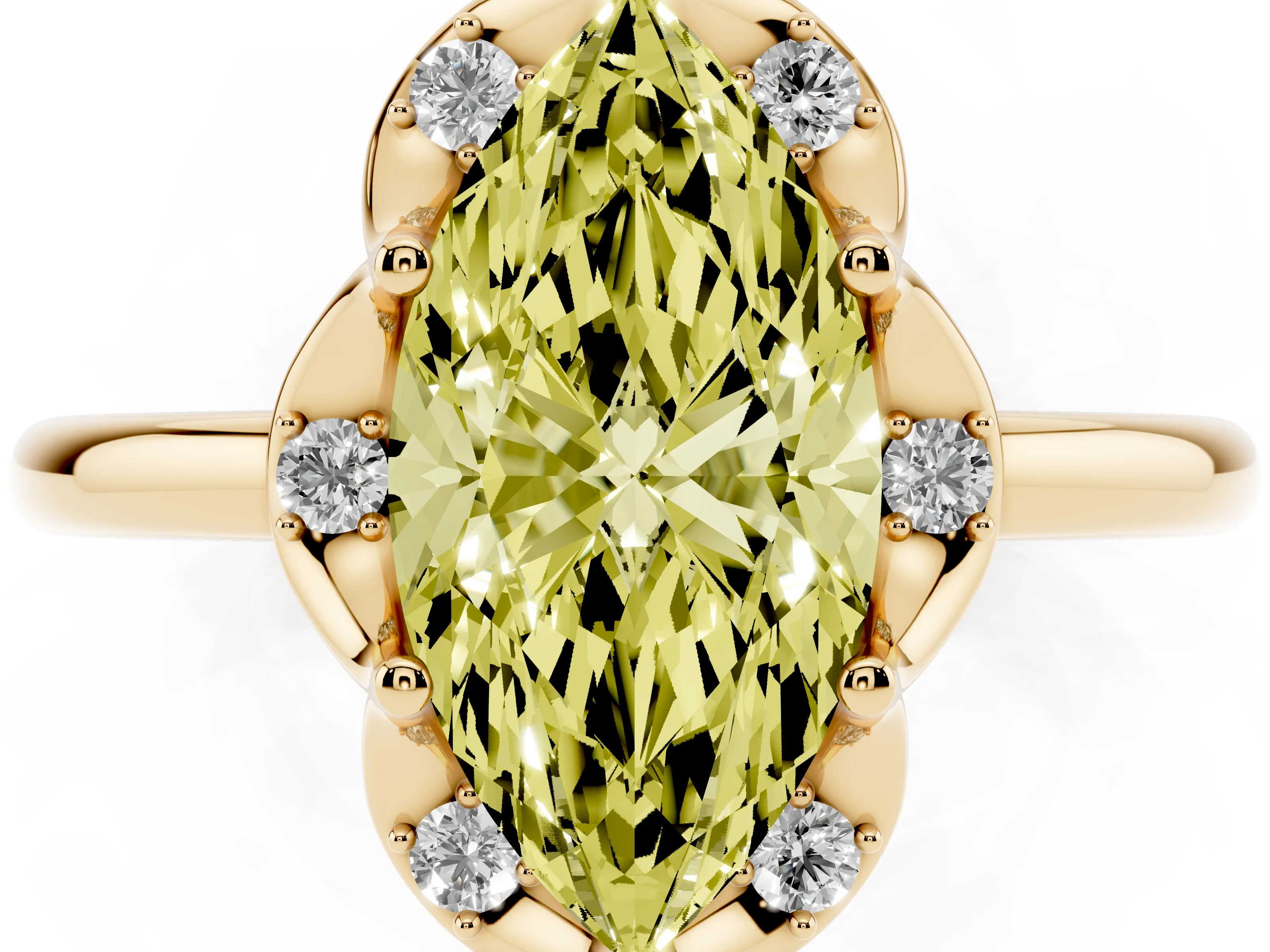 Fancy Yellow Marquise Cut Diamond Round Cluster Halo Ring Set in Yellow gold with Solitaire Band and Prong Setting