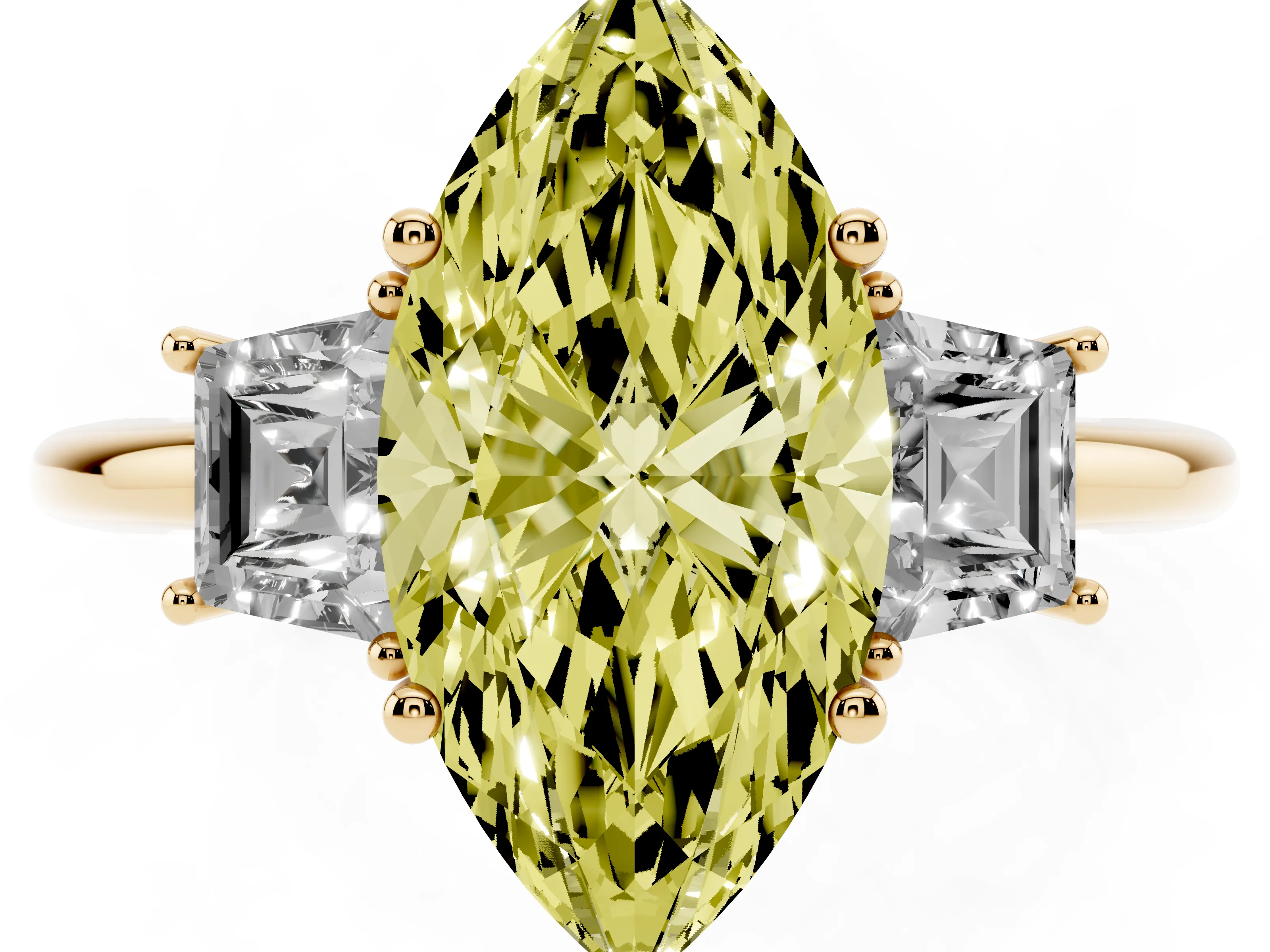 Fancy Yellow Marquise Cut Diamond Three-Stone Ring Set in Yellow gold with Trapezoid Side Stones and Prong Setting