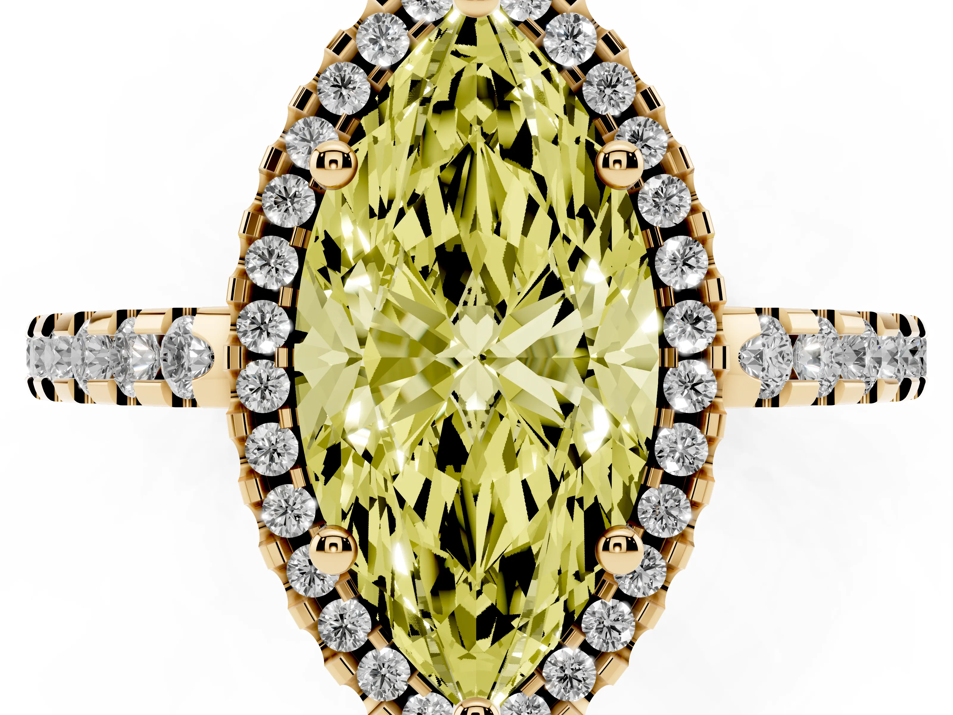 Fancy Yellow Marquise Cut Diamond Halo Ring Set in Yellow gold with Pavé Shoulders and Halo-Framed Center